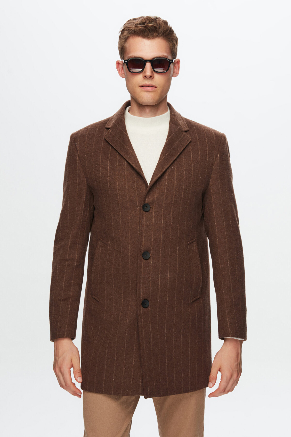  کت پشمی راه راه قهوه‌ای اسلیم فیت