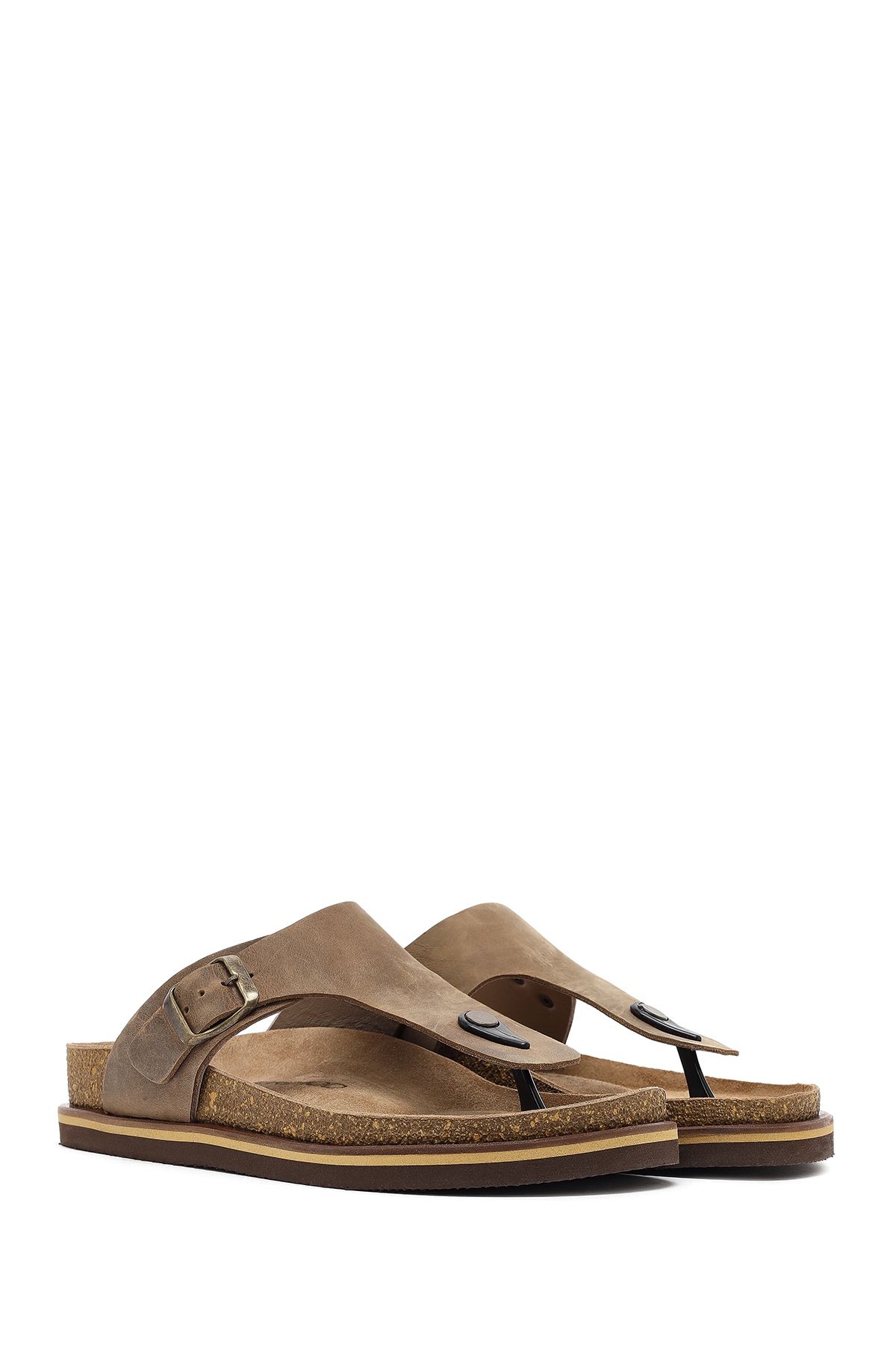 Derimod-Men's Beige Flip Flops Nubuck Leather Slippers 25Sfd6254V3 3