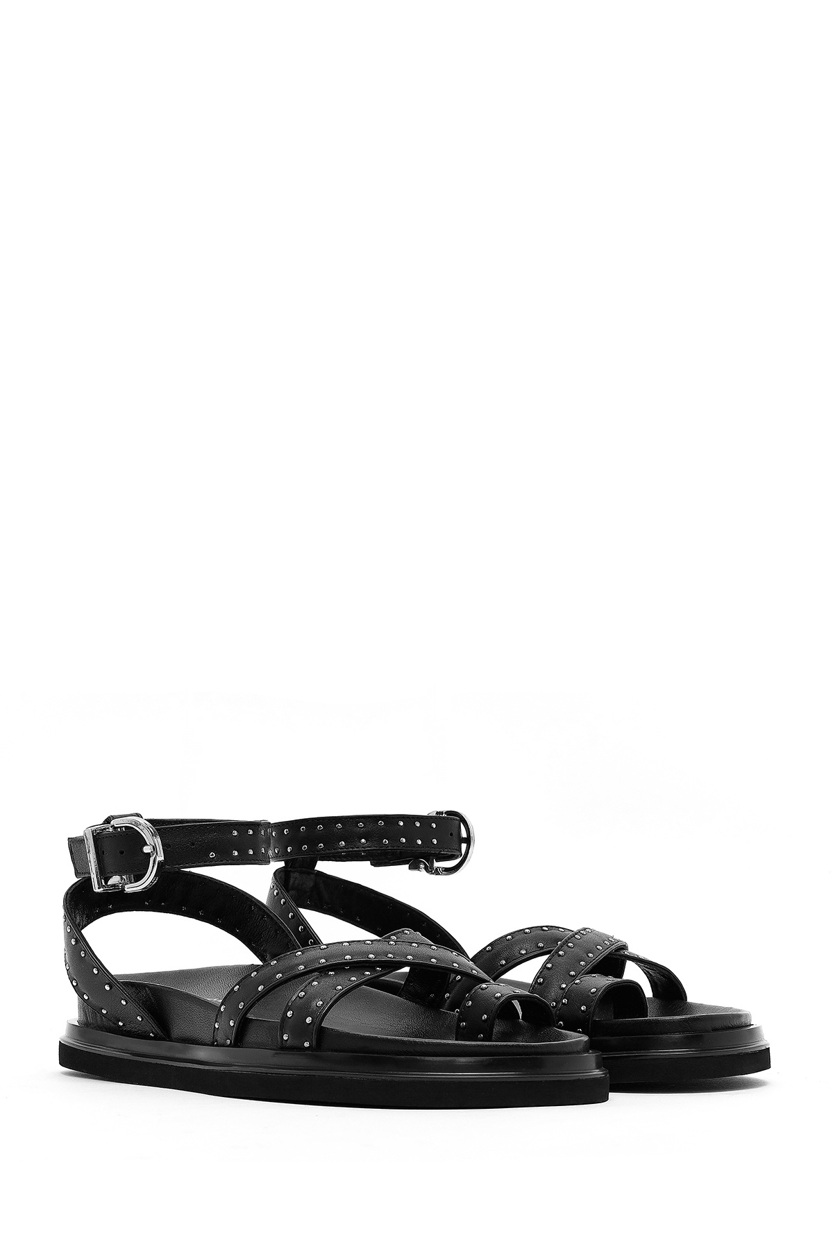 Derimod-Women's Black Ankle Buckle Metal Detailed Genuine Leather Sandals 25Sfd270418 3