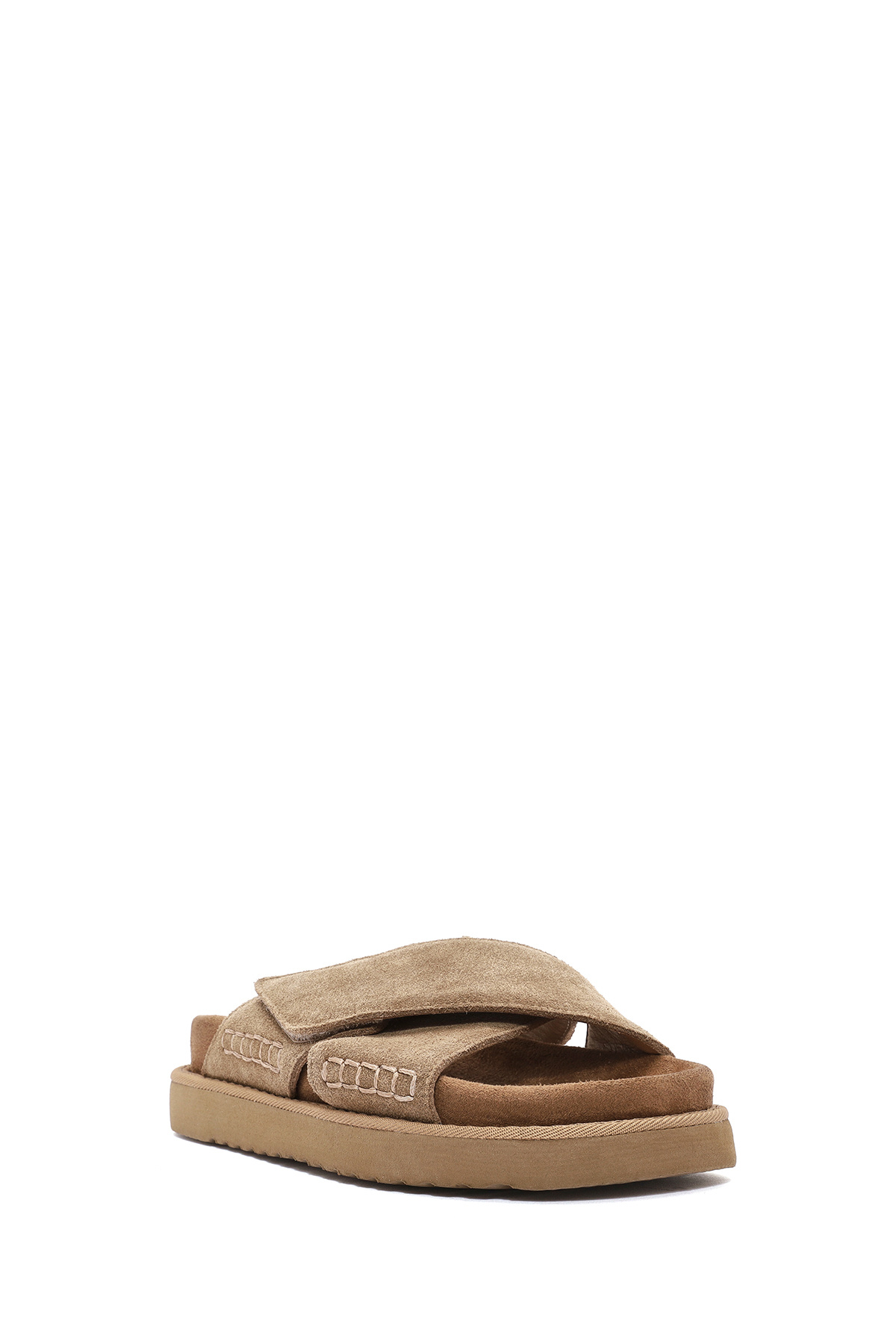 Derimod-Women's Tan Banded Thick Soled Suede Leather Slippers 25Sfd405210 6