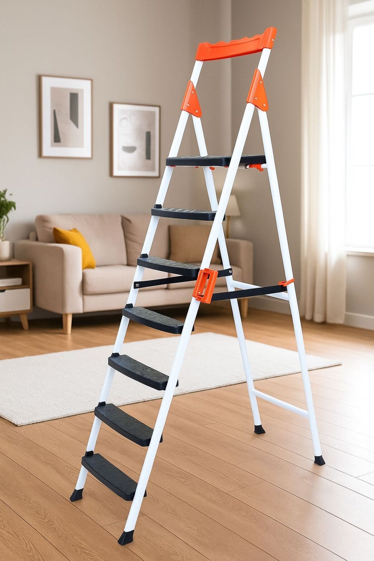 Lorien Dayanıklı Metal Merdiven 6+1 Beyaz Geniş Basamaklı Ev Ve Iş Merdiven