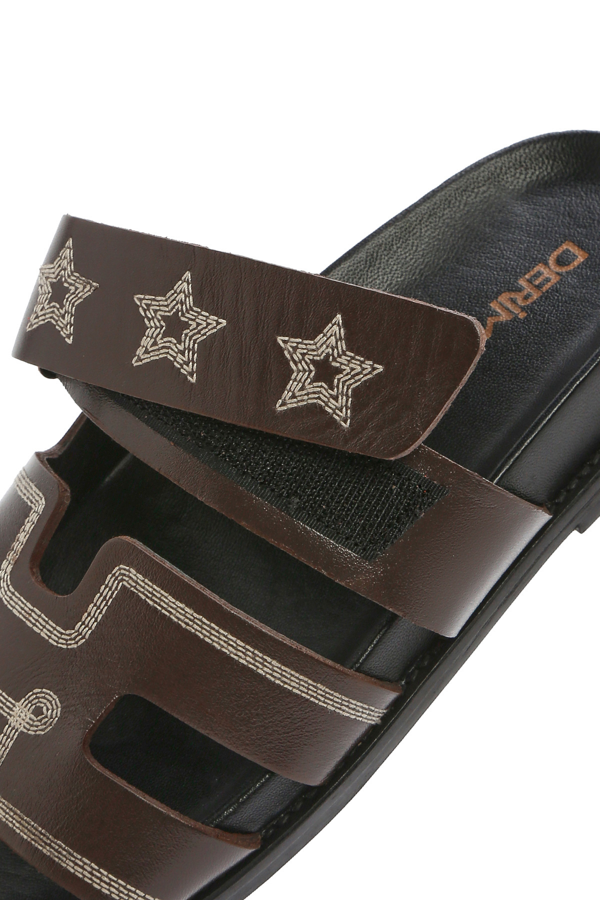 Derimod-Women's Brown Striped Patterned Leather Slippers 25Sfd 230018 8