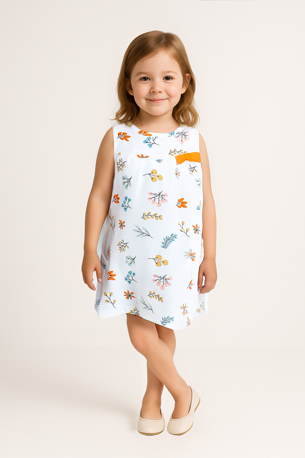 Kyron Kız Çocuk Çiçek Desenli Kolsuz Yazlık Elbise - Beyaz, Renkli Çiçek Detaylı, Günlük ve Rahat Tasarım fotoğrafı 6 (önizleme)