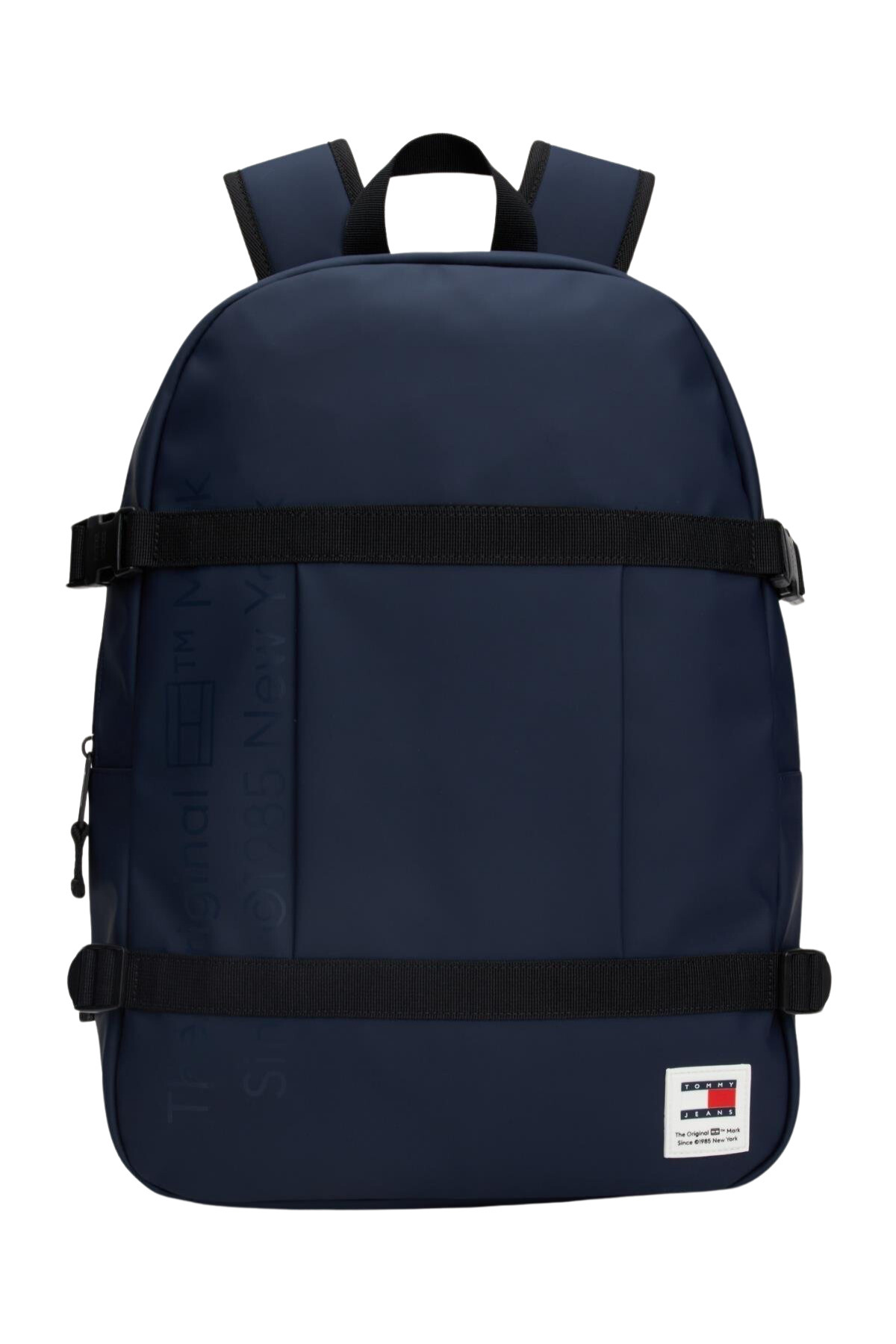 Tommy Hilfiger-حقيبة ظهر من الجلد ذات مظهر أنيق تحمل شعار العلامة التجارية للجنسين مناسبة للاستخدام اليومي باللون الأزرق الداكن 1
