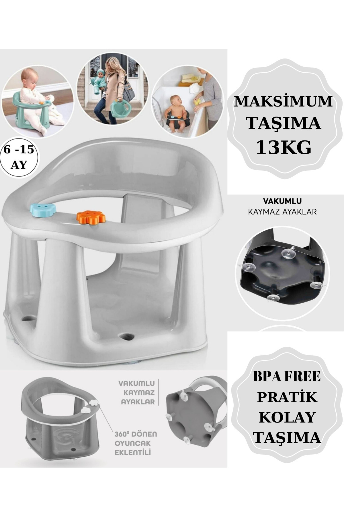 PONÇİK STORE Vakum Tabanlı Bebek Mama Sandalye Oturağı Oyuncaklı Banyo Oturağı fotoğrafı 6 (önizleme)