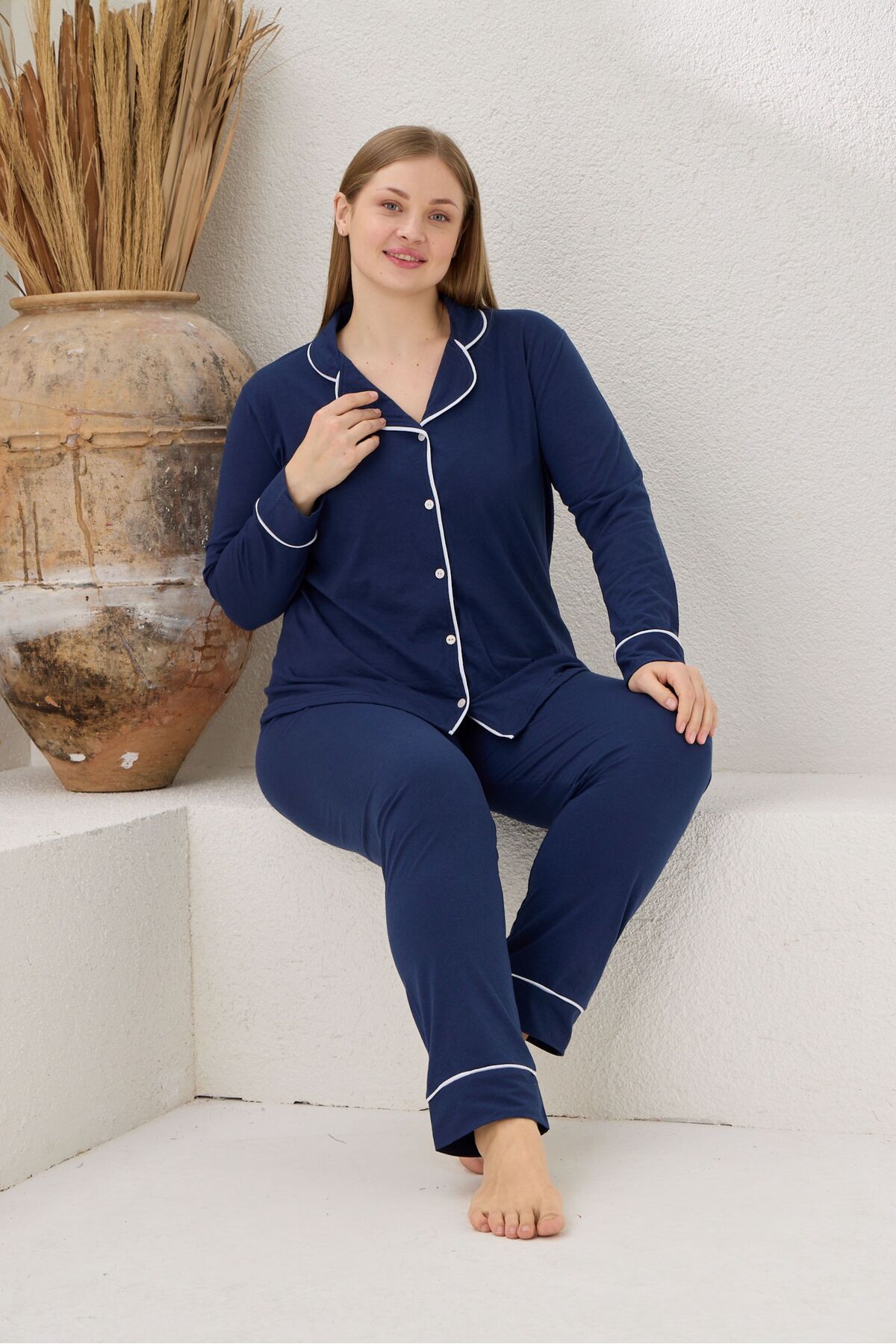 pijamacity Büyük Beden Kadın İndigo Uzun Kollu Pamuklu Düğmeli Biyeli Pijama Takımı