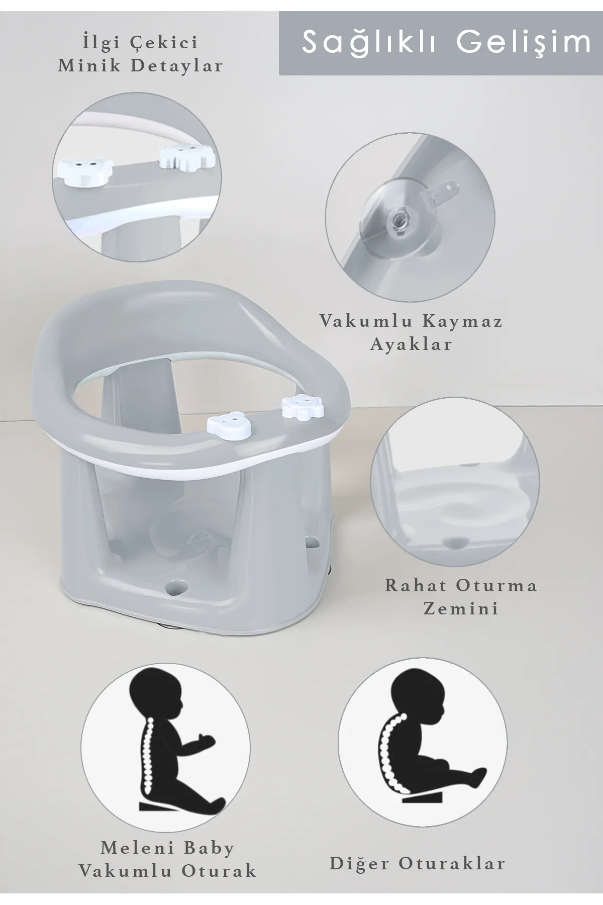 Meleni Baby Vakum Tabanlı Bebek Mama Sandalye Oturağı Oyuncaklı Banyo Oturağı Alt Açma Örtüsü Hediyeli Gri fotoğrafı 3 (önizleme)
