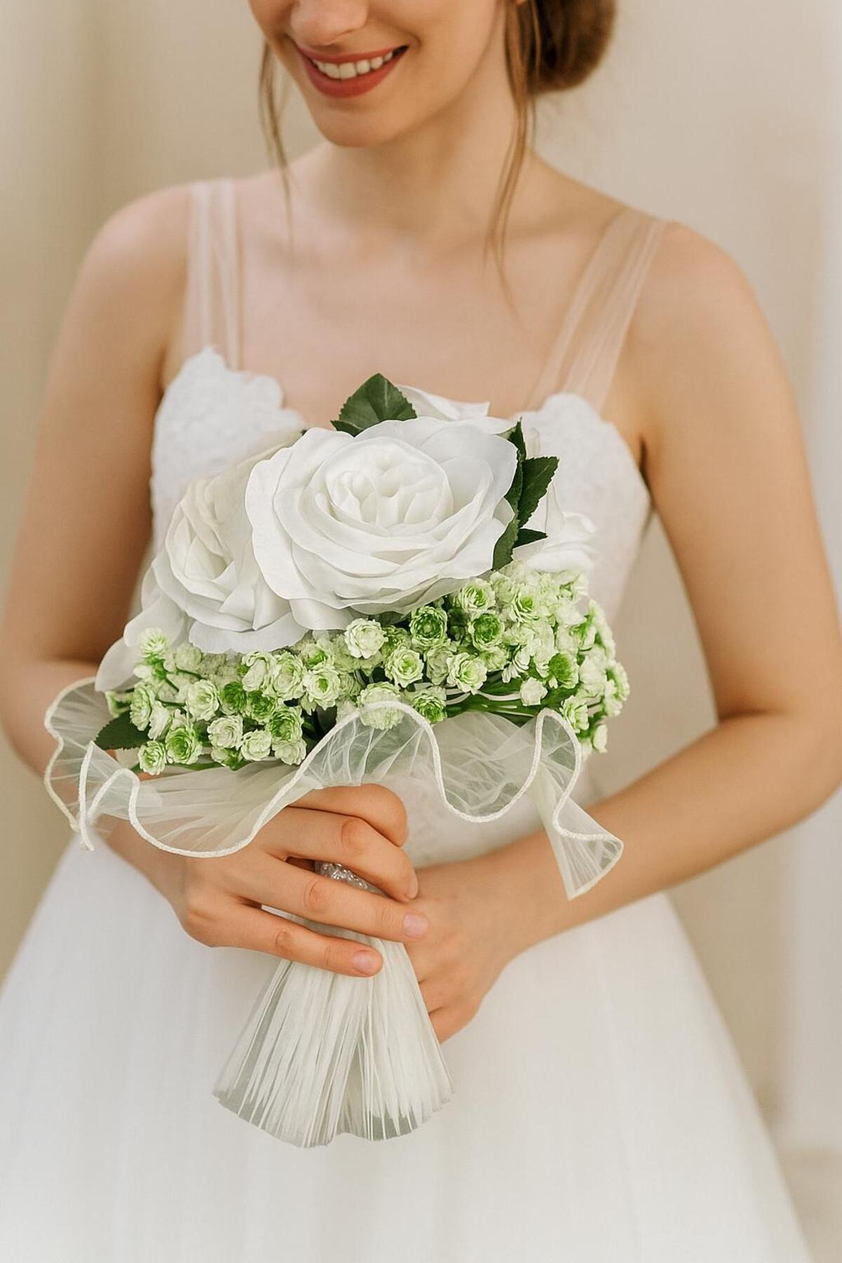 YAPAY ÇİÇEKÇİNİZ White Rose Bouquet Bridal Flower- Trendyol
