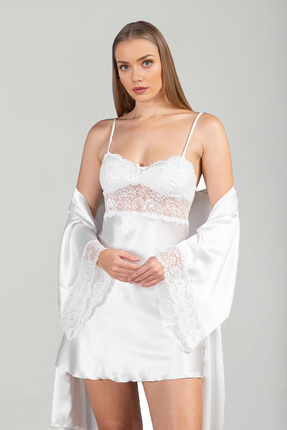 Lunoche Nightwear Kadın Lüks Ekru Saten Güpür Dantel Detaylı Çeyizlik Gecelik...