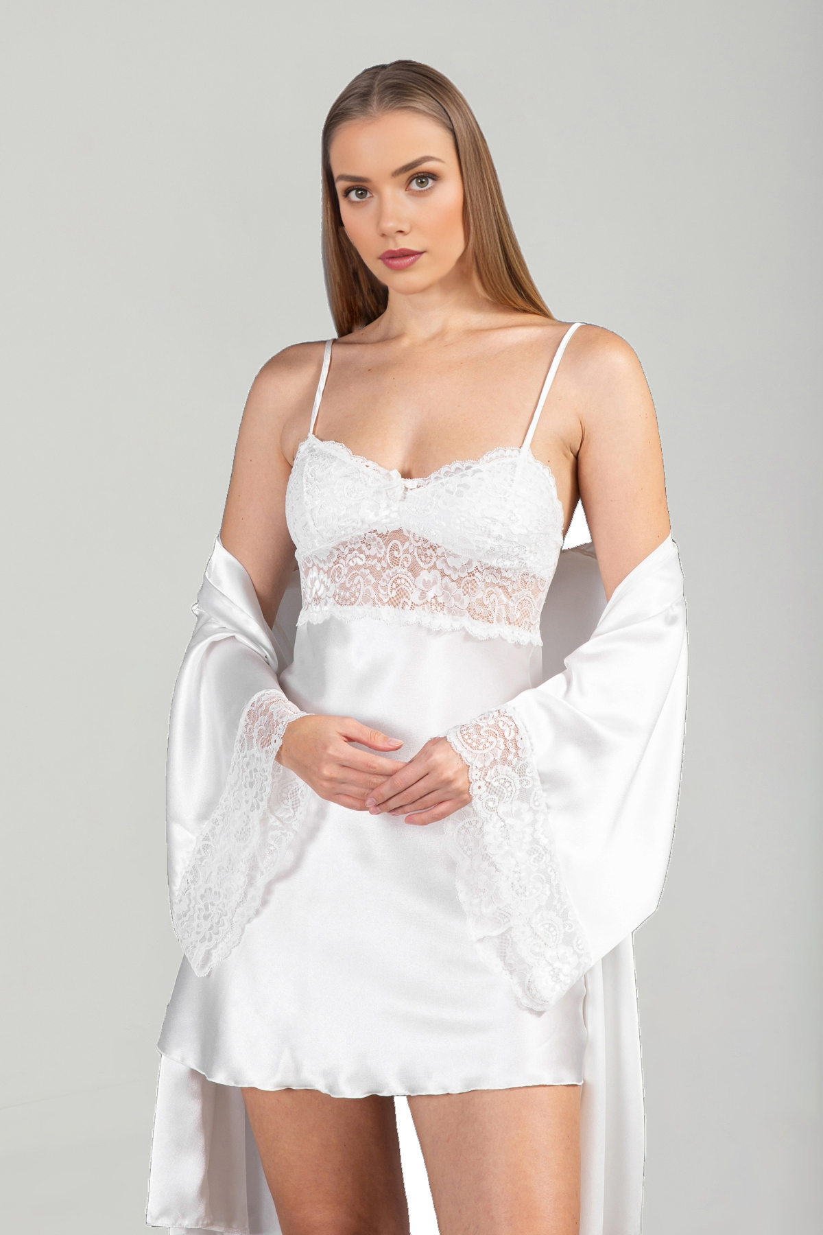 Lunoche Nightwear Kadın Lüks Ekru Saten Güpür Dantel Detaylı Çeyizlik Gecelik Sabahlık Takımı