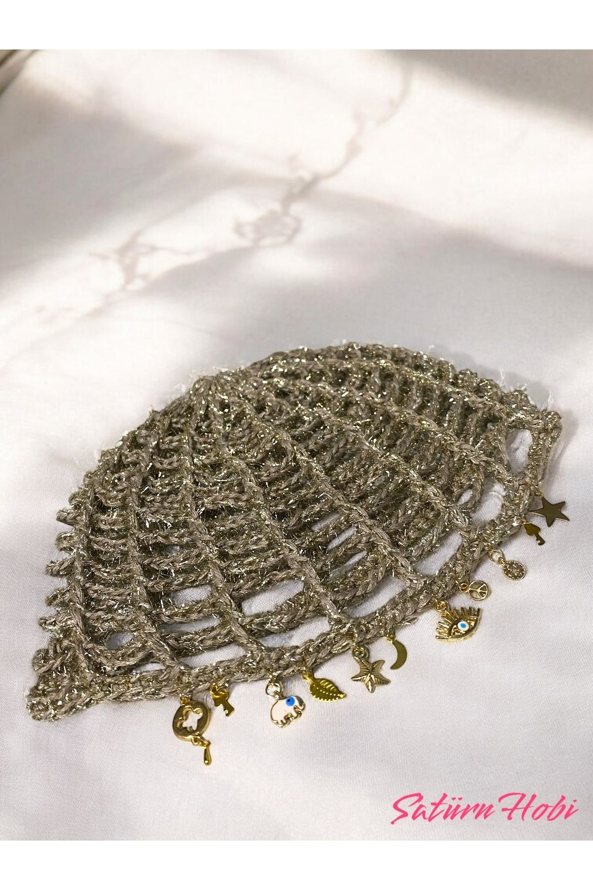 Satürn Hobi-Knitted Bohemian Gold Accessory Detailed Glitter Mesh Beret & Bandana & Buckle 4