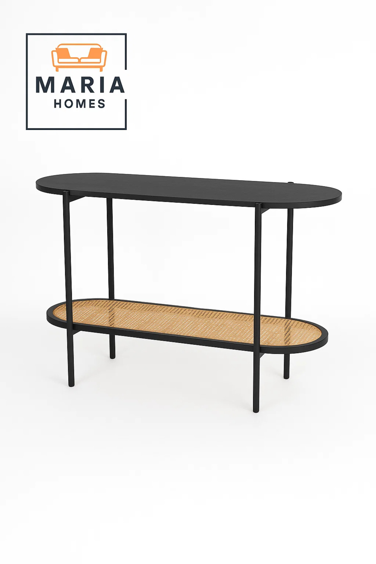 MARIA HOMES-Oval Black Console Table with Rattan Shelf and Metal Frame 5