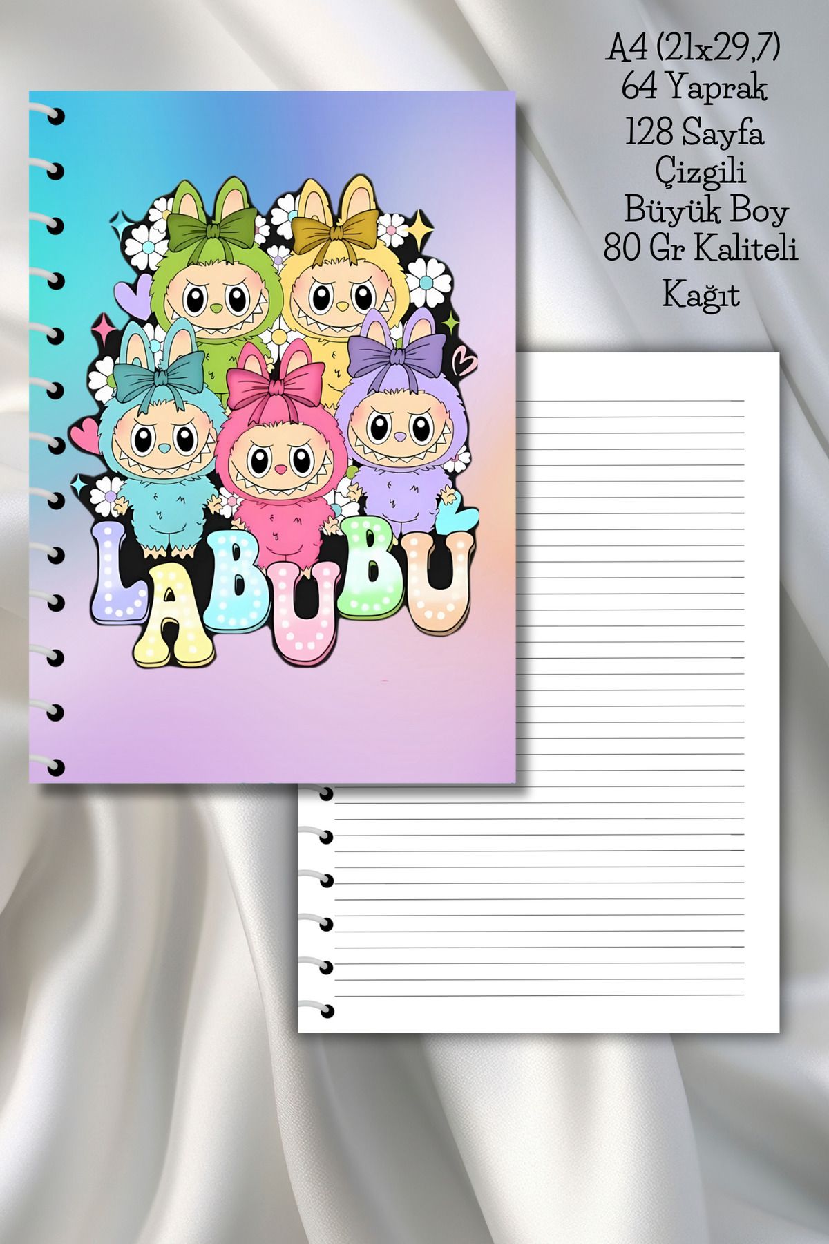 daily notebook-Labubu Striped School Notebook,64 Sheets/128 Pages Spiral A4 Large Size (21X29.7 cm) Size 1