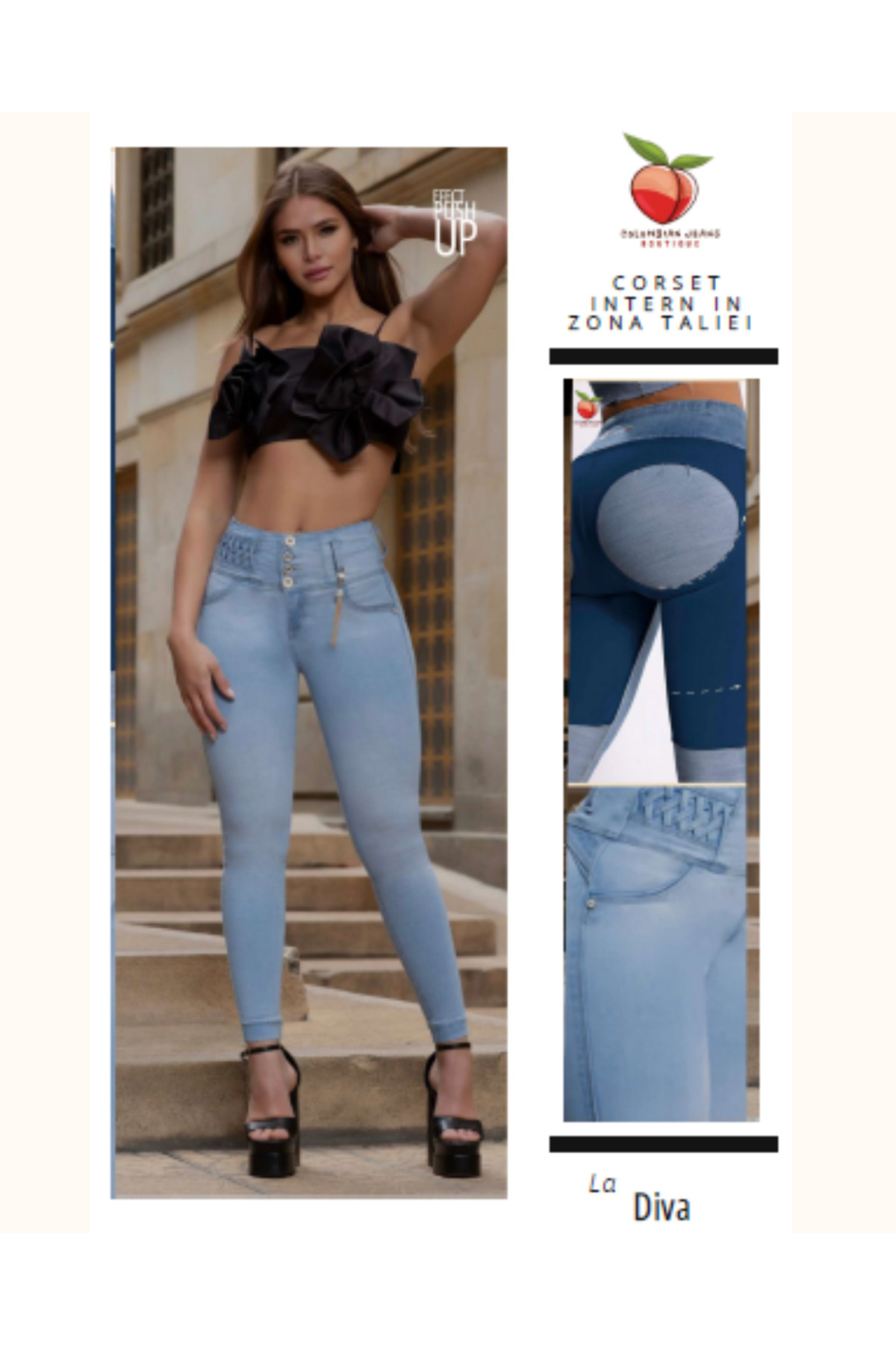 Divina-Shaping jeans with real push-up effect, made in Colombia, La Diva model 1
