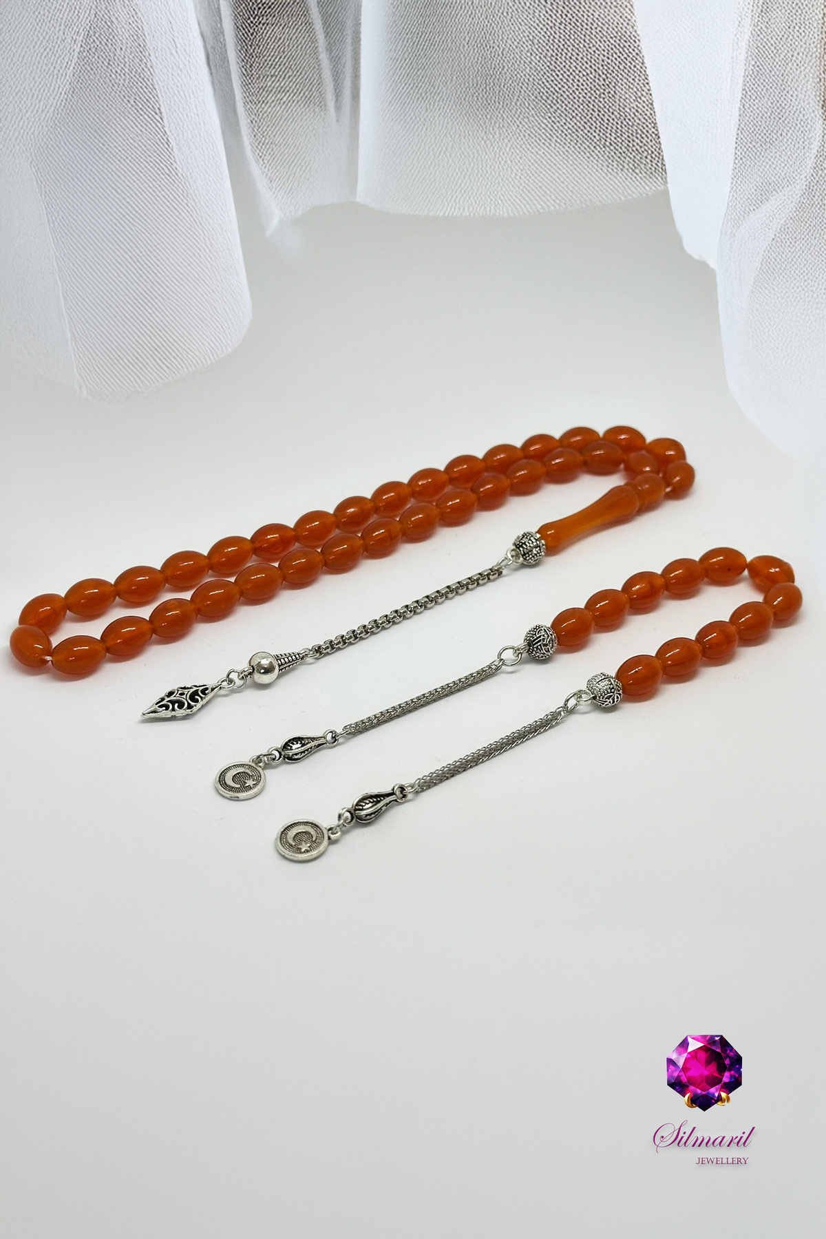 Kişiye Özel Harfli Erkek Hediyelik Kehribar Tesbih Seti Hareli Turuncu