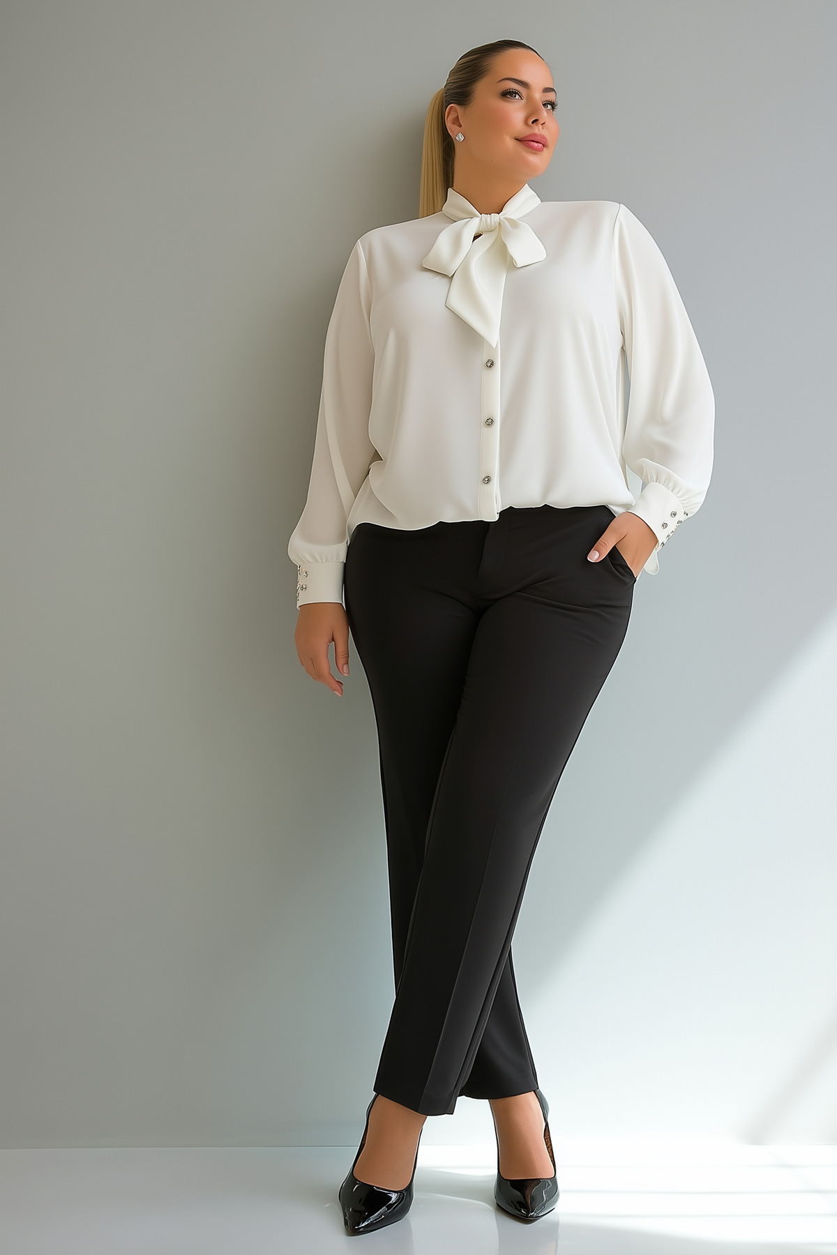 Hanezza-Plus Size Jesica Tie Collar Shirt 4