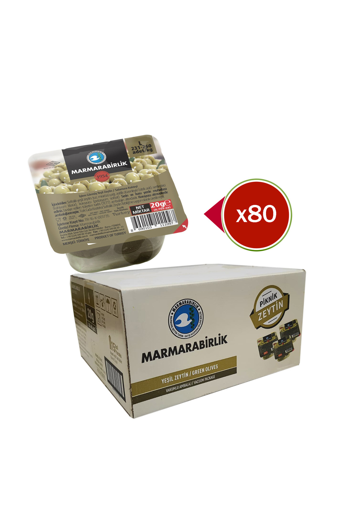 Marmarabirlik Kokteyl 231-260 Kb 20 Gr 80 Adet Piknik Yeşil Zeytin