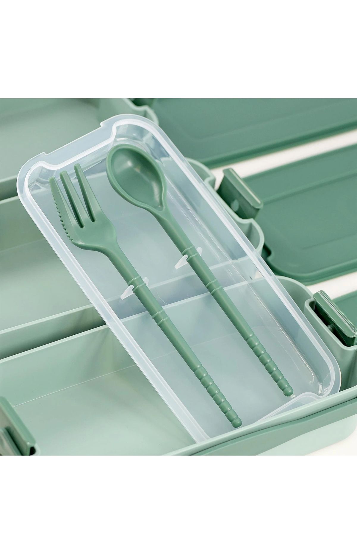 İronika-1260 ml 3 Layer Lid Fork Knife Lunch Box Lunch Box Nutrition Container - Green 3