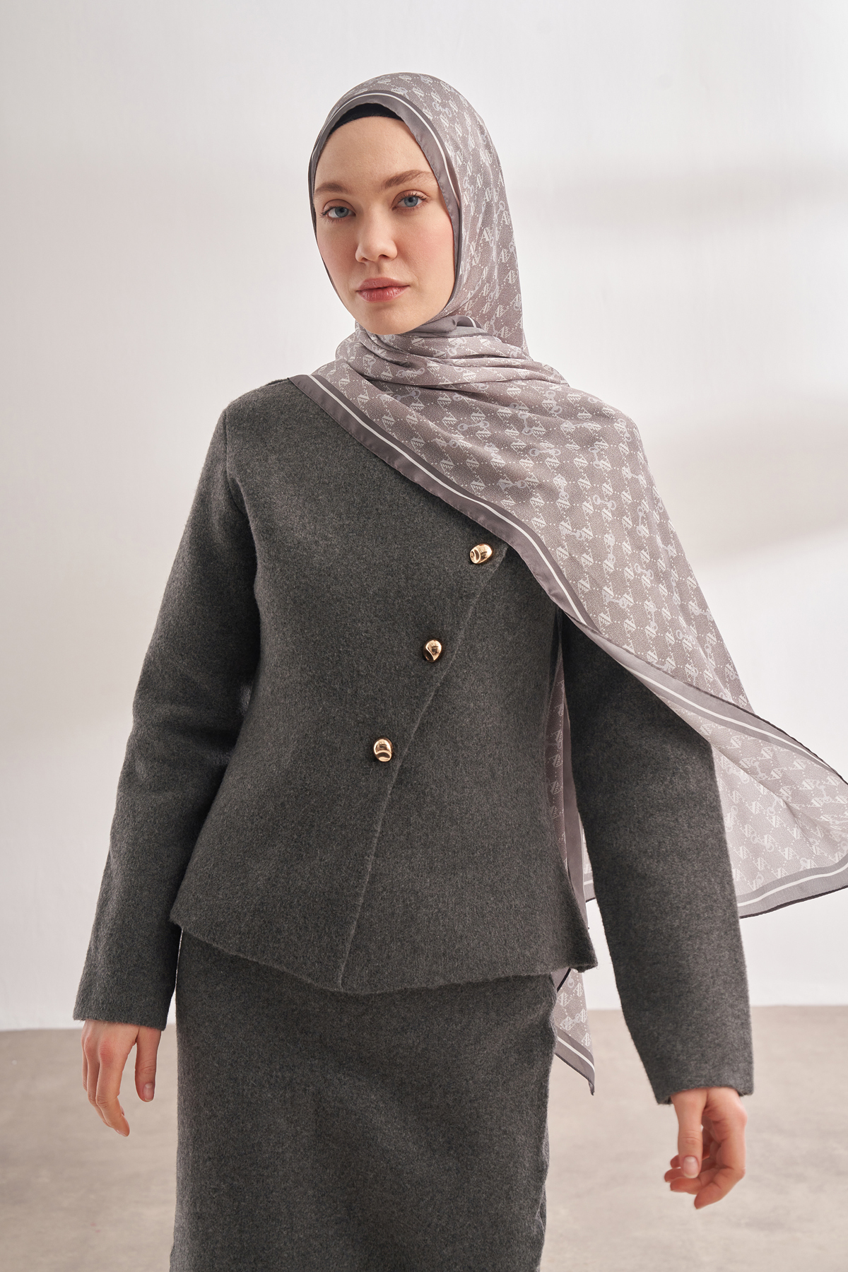 IMPORTED VOILE MONOGRAM PATTERN SHAWL - DARK GREY