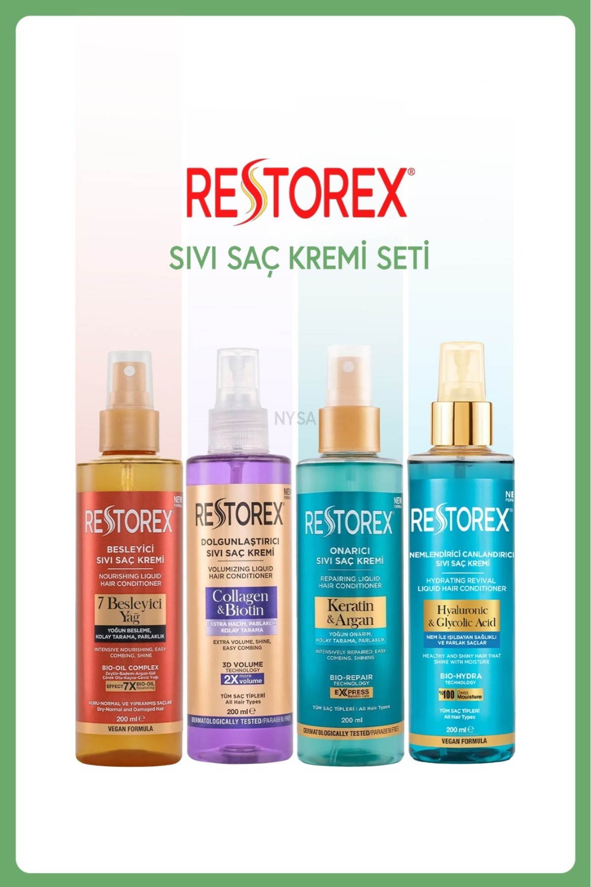 Restorex ۷ روغن مغذی + کلاژن و بیوتین + کراتین و آرگان + هیالورونیک اسید، ست نرمکننده موی مایع ۲۰۰ میلیلیتری — ۸۶۸۰۵۱۲۶۳۰۶۳۰۸۶۰۹۹۵