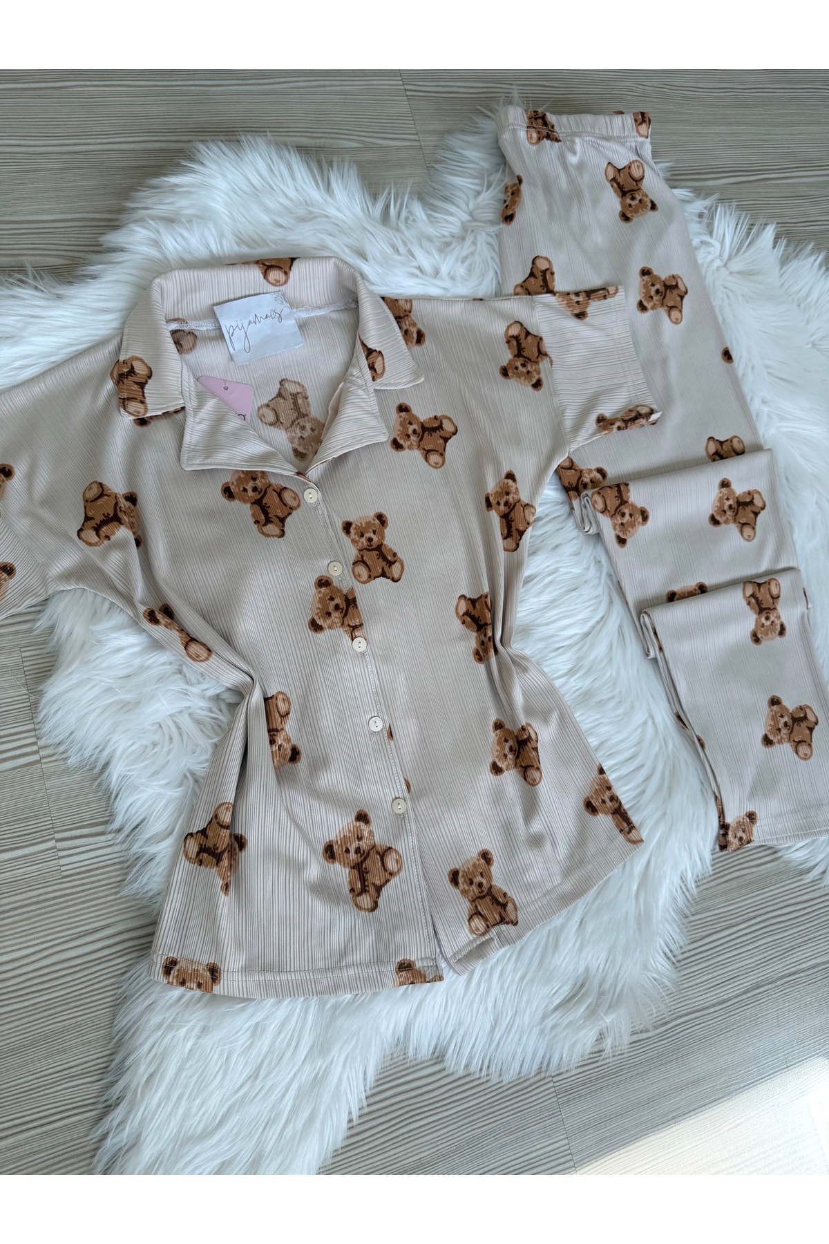 Pijamacs Ekru Ayıcık Desenli Kısa Kol Pegasus Pijama Takımı görsel 6