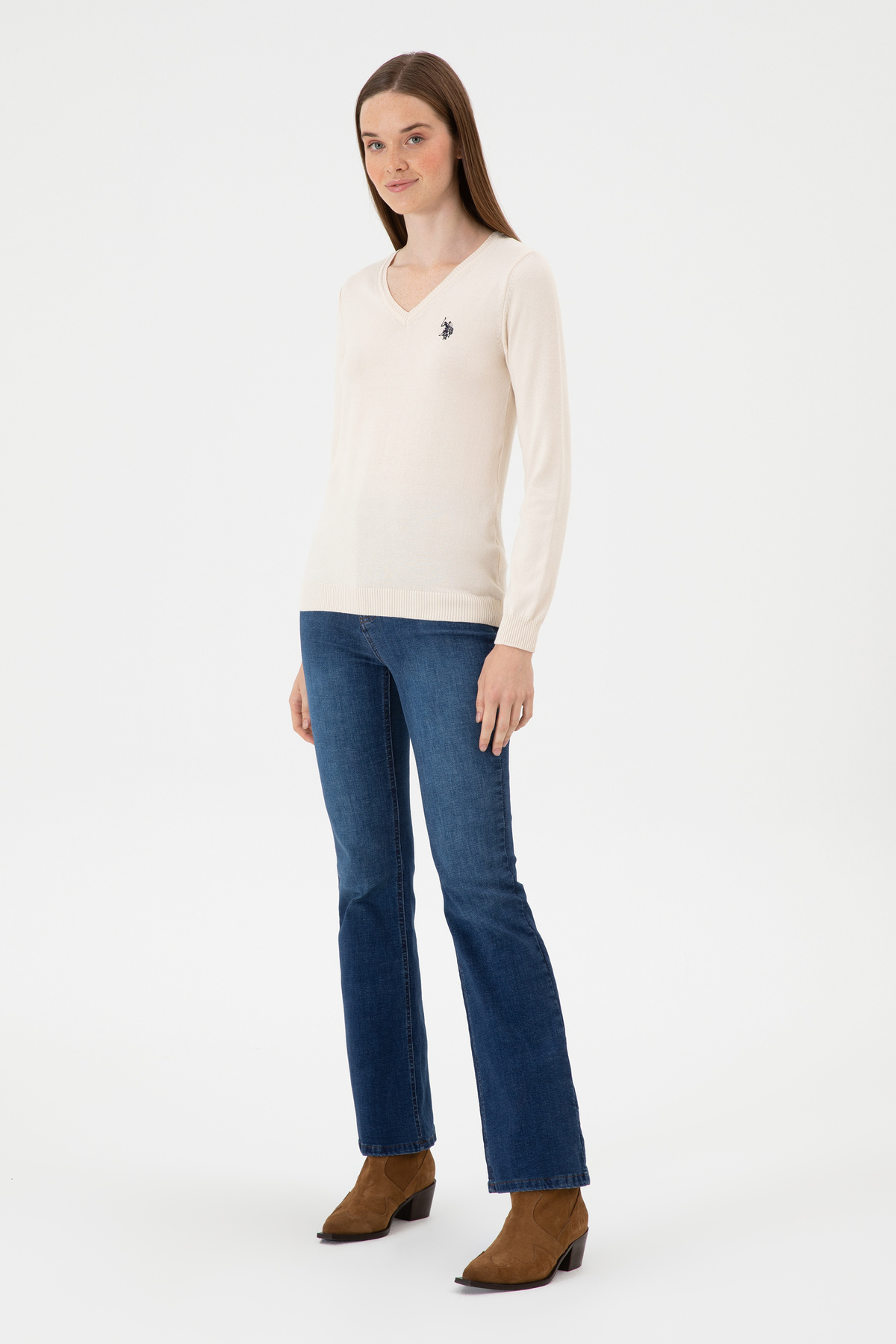 U.S. Polo Assn.  Kadın Krem Melanj V Yaka Basic Kazak 50313590-VR159 - Görsel 4