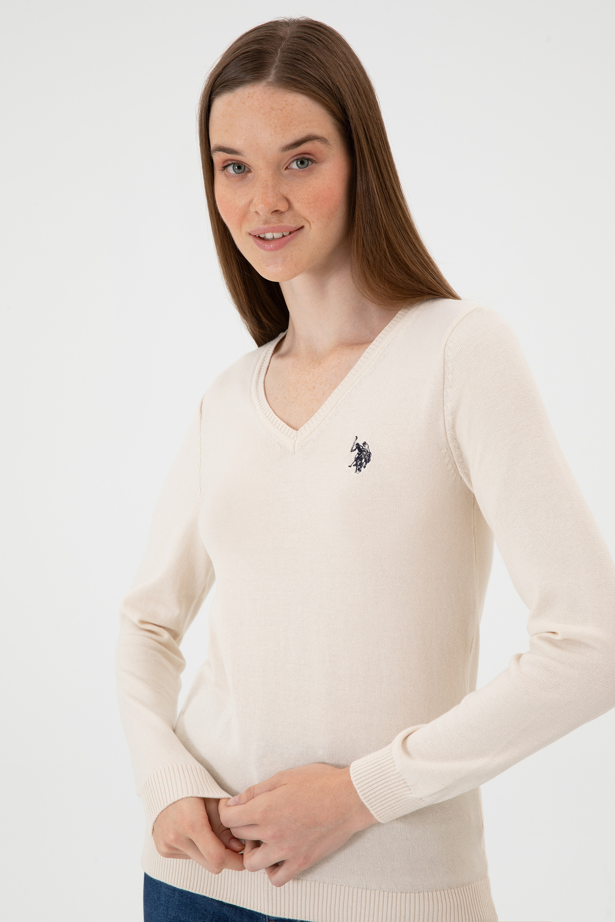 U.S. Polo Assn.  Kadın Krem Melanj V Yaka Basic Kazak 50313590-VR159 - Görsel 2