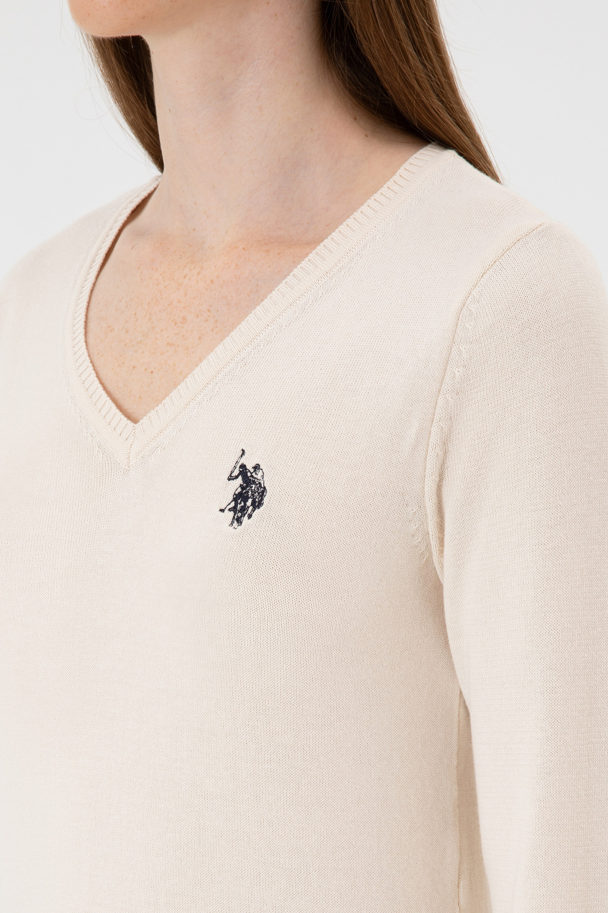U.S. Polo Assn.  Kadın Krem Melanj V Yaka Basic Kazak 50313590-VR159 - Görsel 7