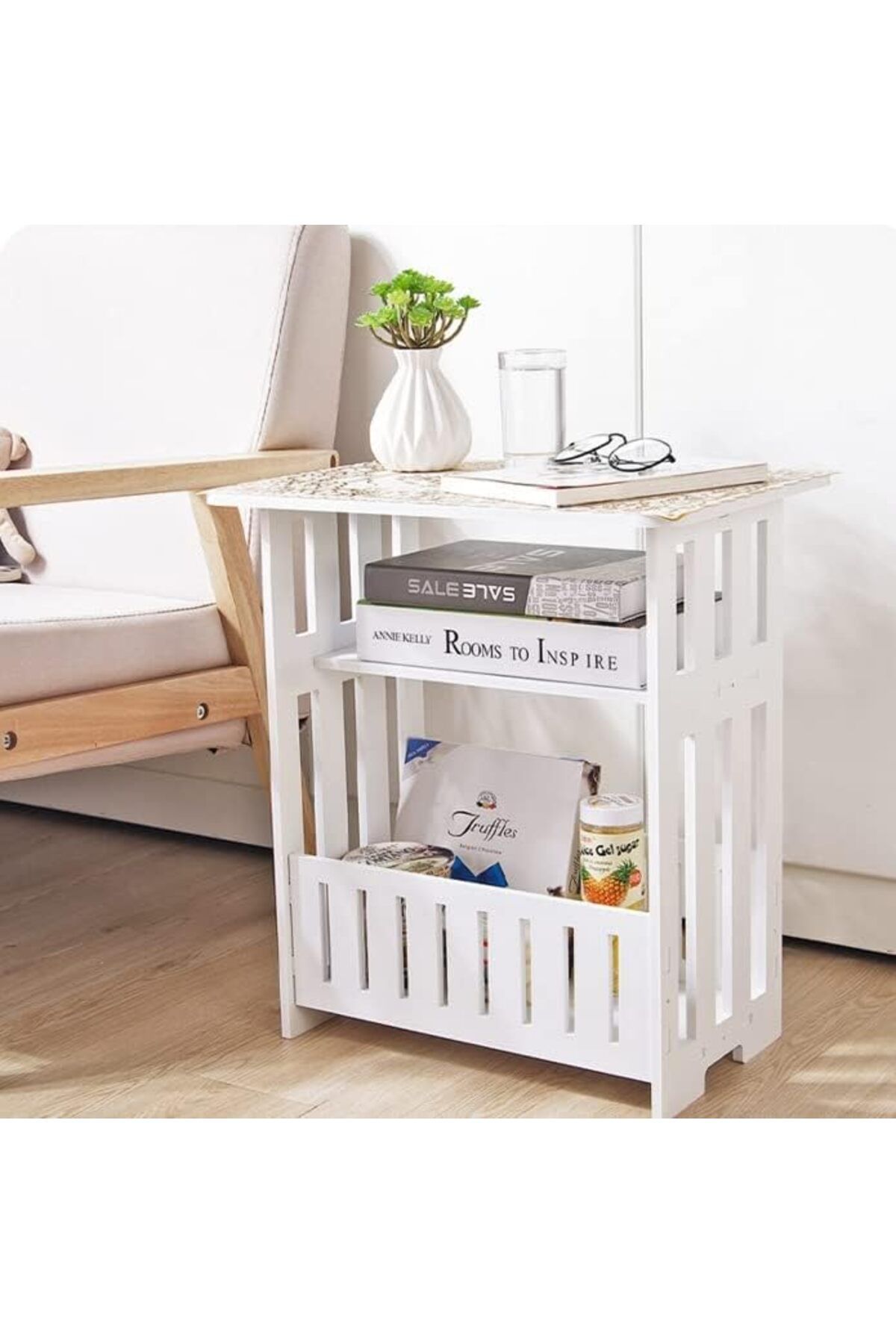 genric-FFD Side Table End Table Sofa Side Table Bedside Table with Storage Basket Storage Unit Wooden 1