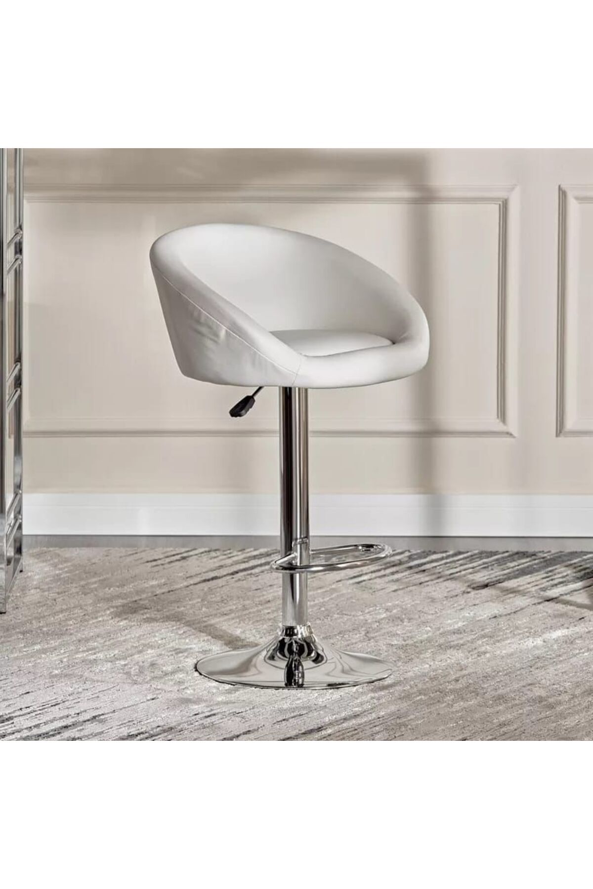 rexa-Adjustable Bar Stool Chair – White Swivel Office Stool with Chrome Base & Footrest 1