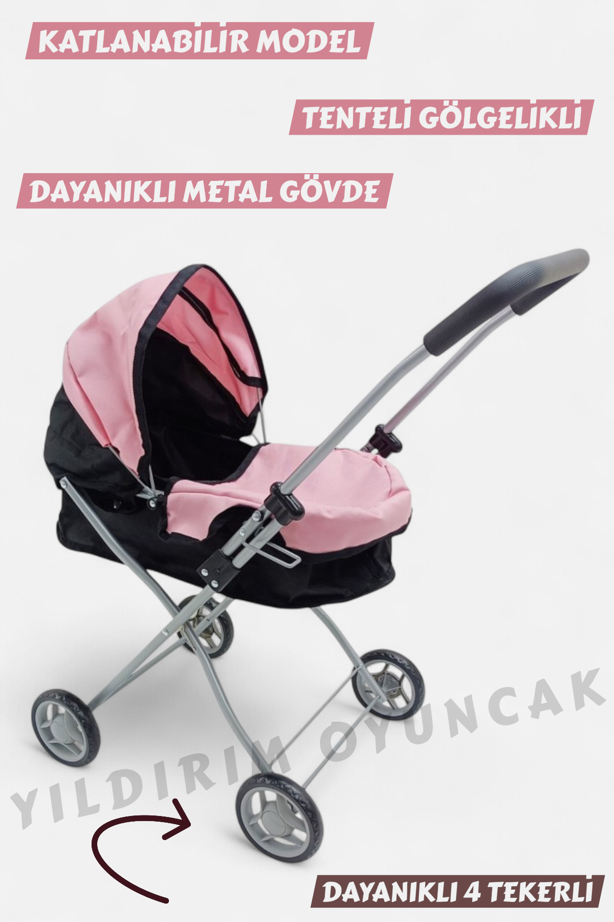 YILDIRIM OYUNCAK Katlanabilir Metal Dayanıklı Gövde 64 cm Tenteli Gölgelikli Oyuncak Bebek Arabası 3 Tekerli