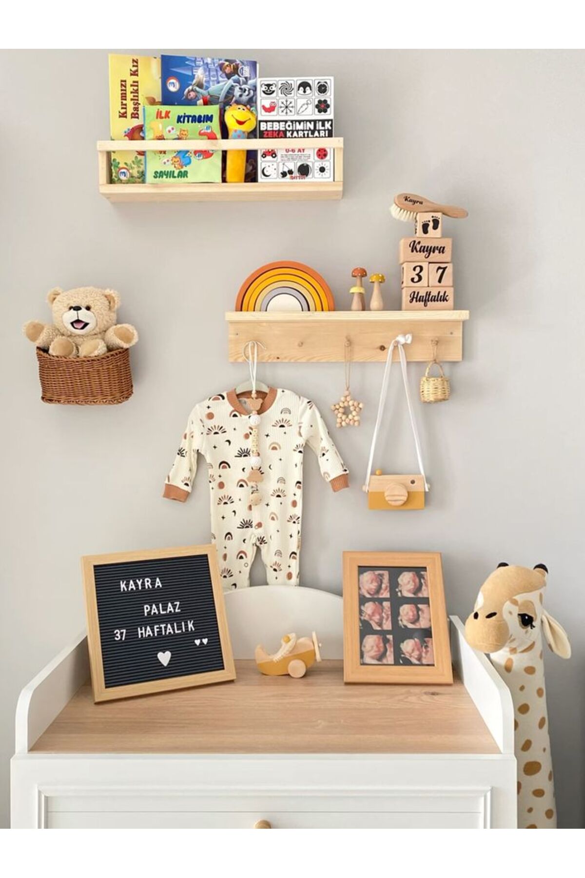 metre dizayn Ahşap Askılık Raf Ve Kitaplık Raf Eğitici Montessori Raf Çocuk Bebek Odası Rafı 2'li 40 Cm fotoğrafı 5 (önizleme)