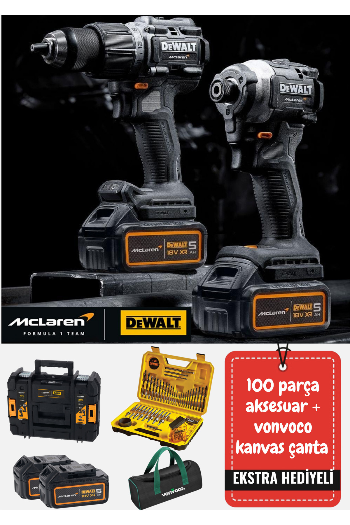 Dewalt DCK200MP2T-QW X Mclaren 2'li Set Şarjlı Vidalama Kömürsüz Akülü Torklu Darbeli Matkap 5.0 Ah.
