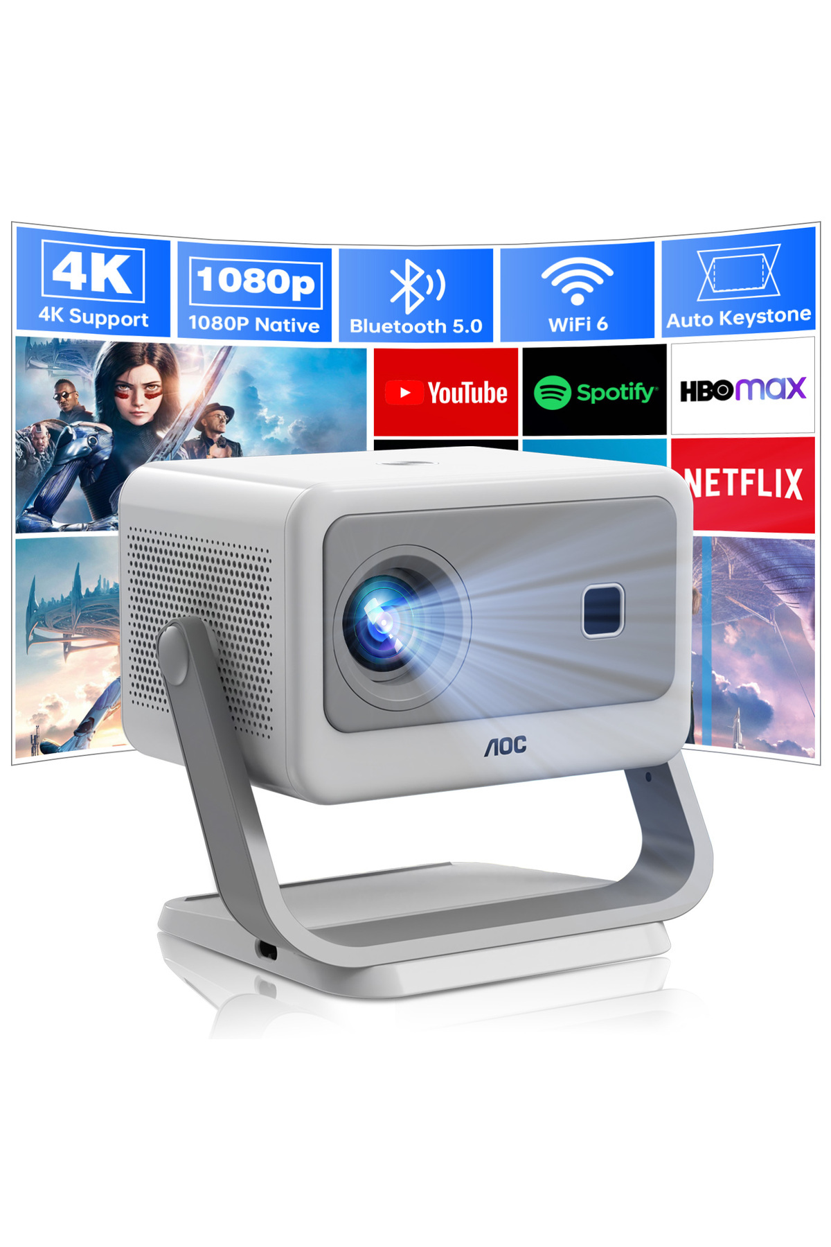 Aoc-Portable Projector 4K Support, 12000 Luemn/Electric Focus/Projector with Wifi and Bluetooth 1