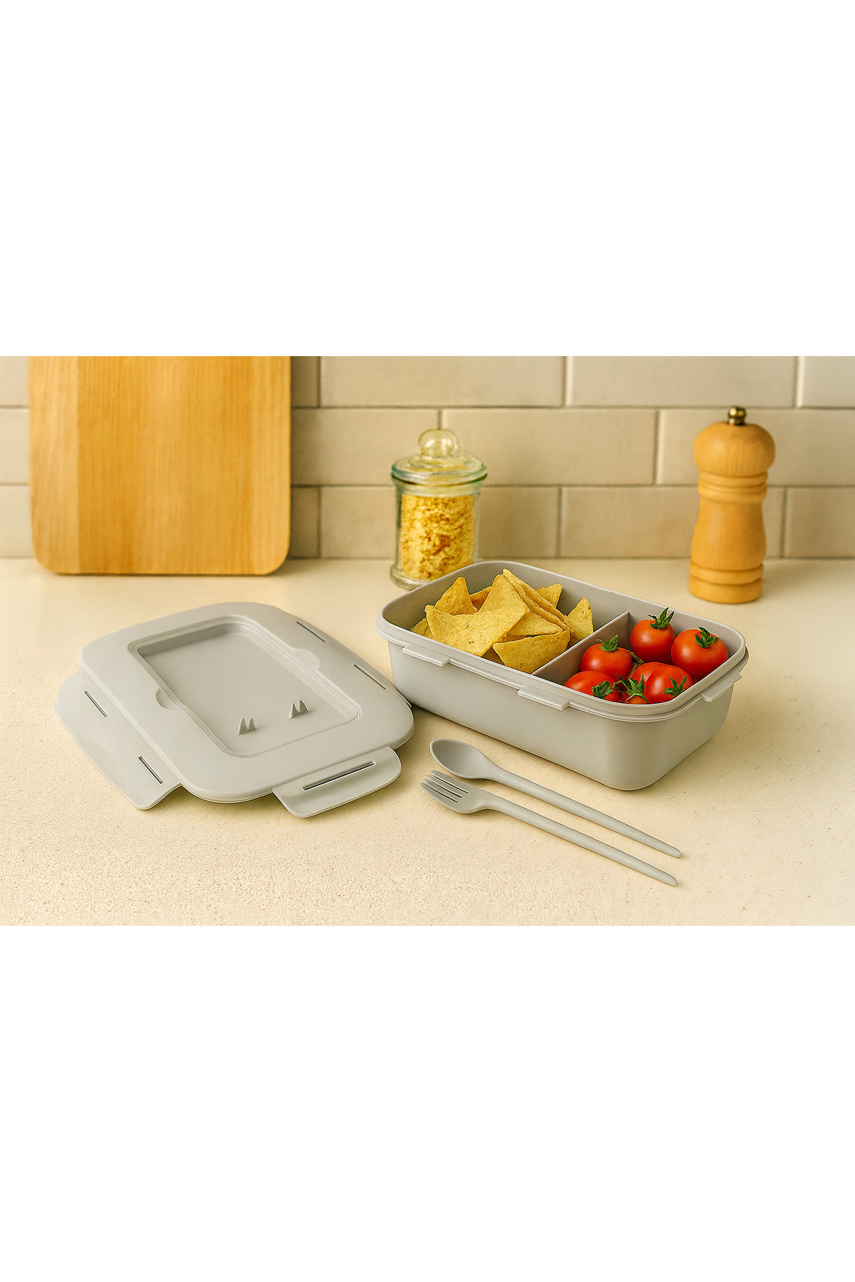 Pazar Kapısı-Storage Container with Lid and Fork and Spoon – 1.1 L – Compartmented, Leakproof, Portable Food Container 1