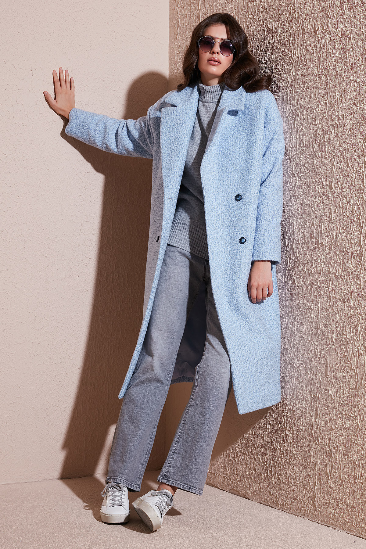 Lela Oversize Fit Mono Yaka Düğmeli Buklet Uzun Kaşe Kaban KABAN 6810236 görsel 3
