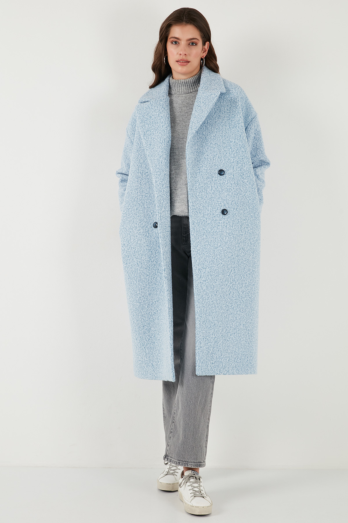 Lela Oversize Fit Mono Yaka Düğmeli Buklet Uzun Kaşe Kaban KABAN 6810236 görsel 5