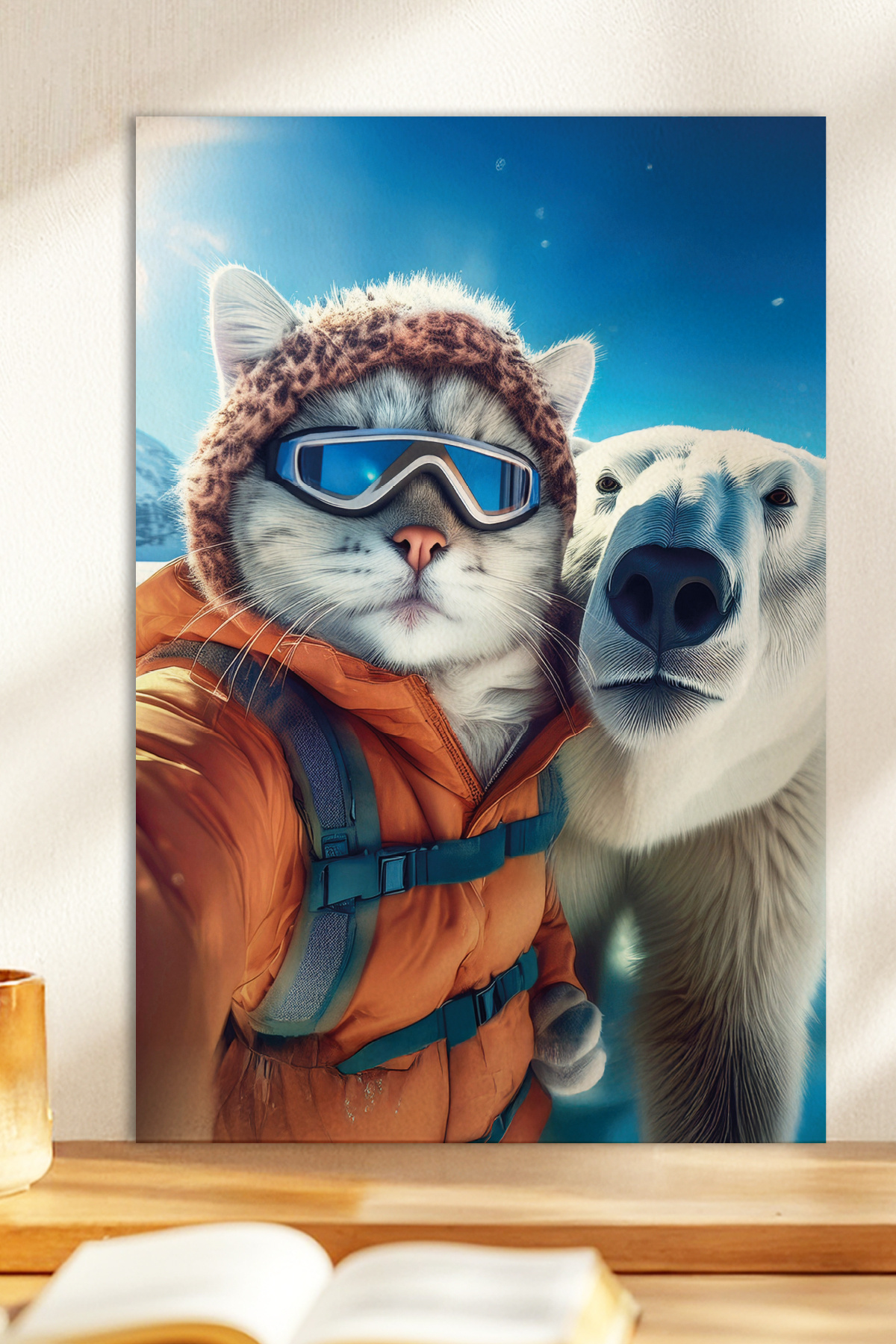 Cat-Themed Wooden-Looking MDF Painting with 1 Polar Bear