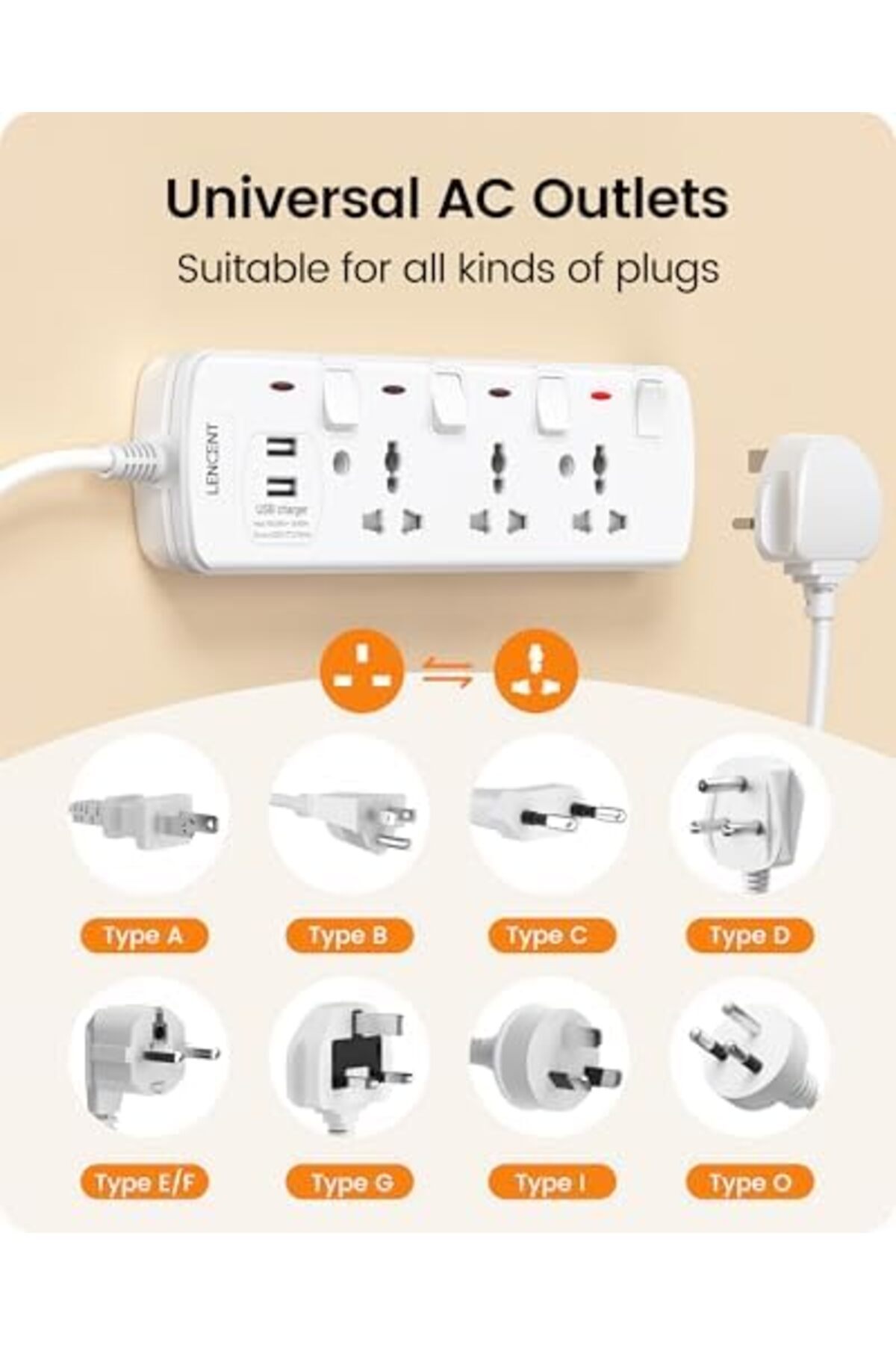 LENCENT-Multi Plug Extension Socket with USB, 3 Way Electrical Outlet Extender with 2 USB, Wall Char 8
