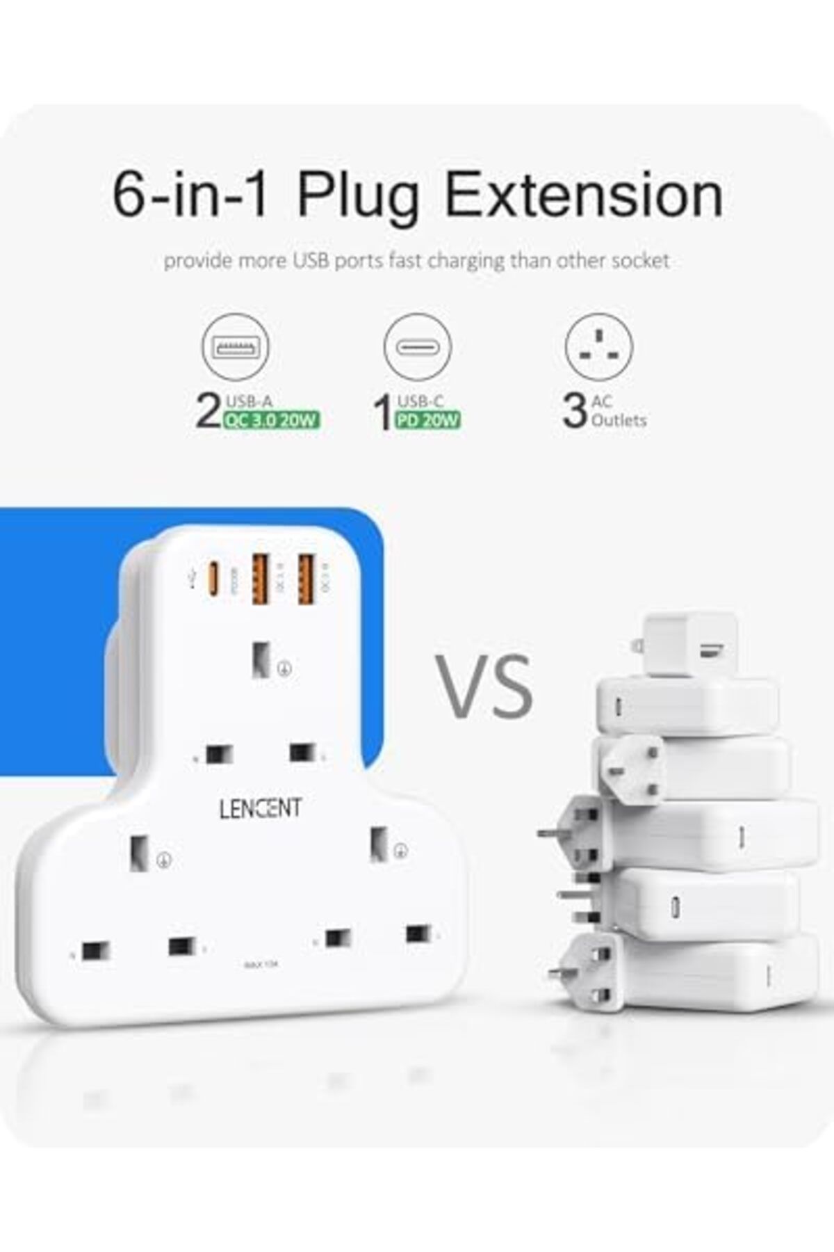 LENCENT-Multi Plug Extension, 3 Way 3 Plugs Socket adapter, 6-in-1 Cube Electrical Extender Outlet A 4