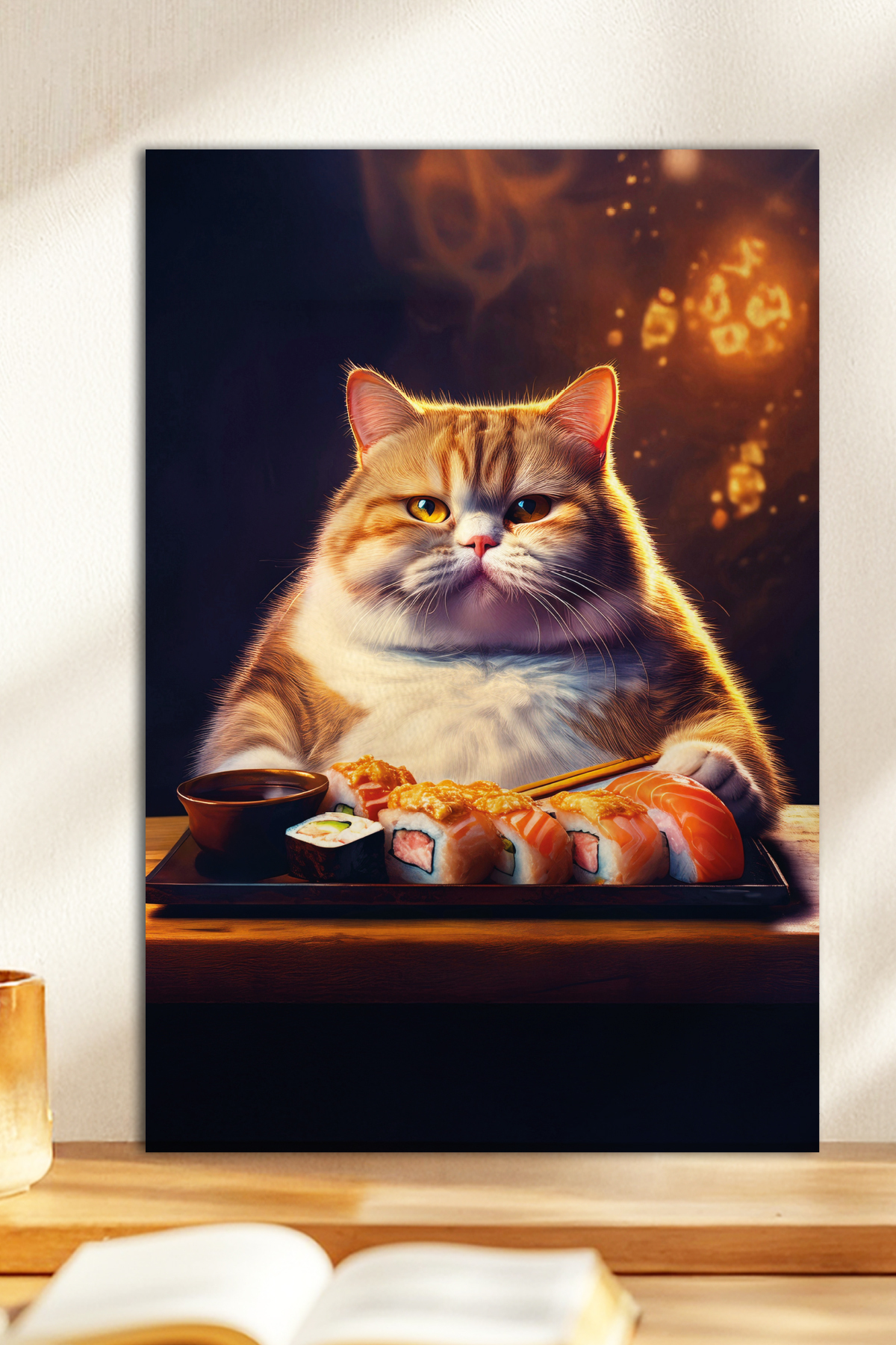 1 Pc Sushi Eating Cat Themed Wooden Look MDF Painting
