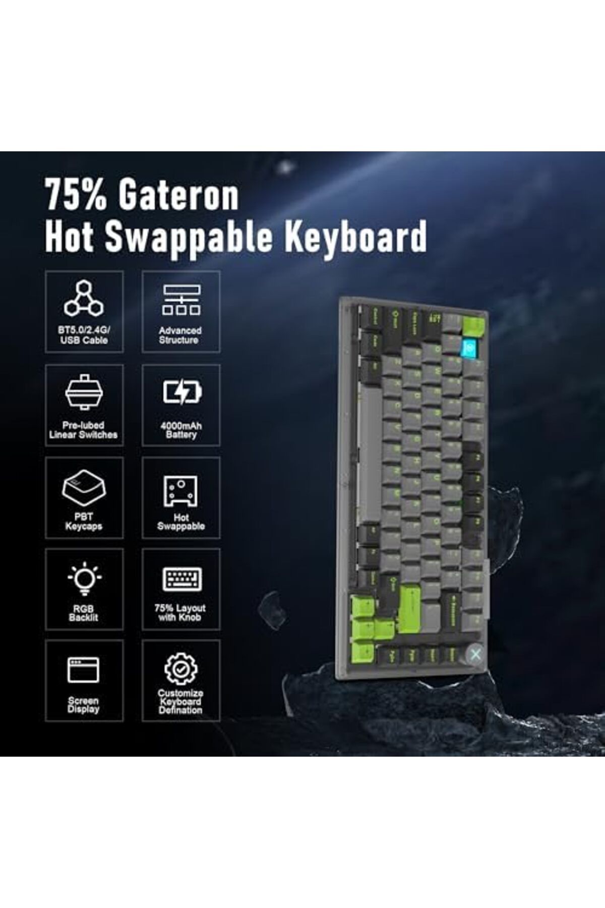 ZIPFORCE-Wireless Mechanical Keyboard, 81 Keys Hot Swappable Custom Keyboard with Knob, RGB Backlit, 4