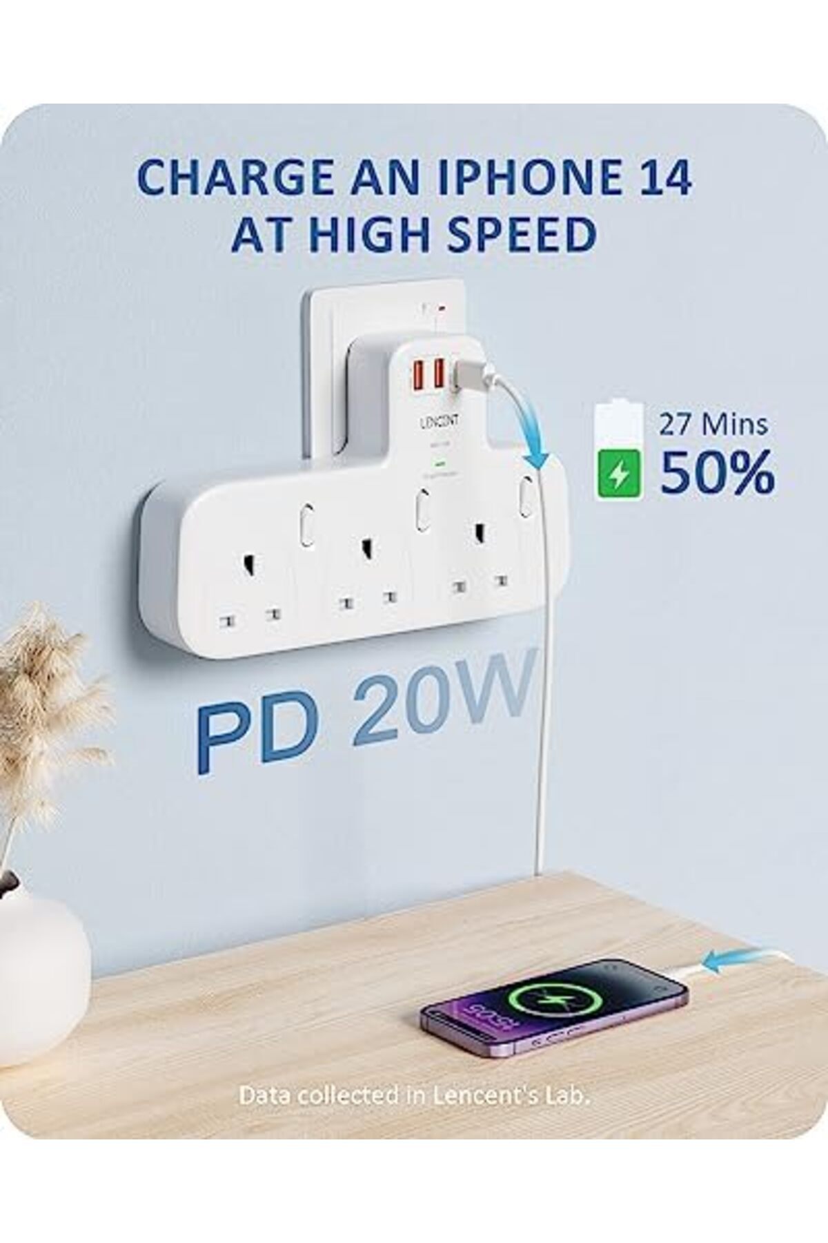 LENCENT-3 Way Plug Extension with PD 20W USB-C & 2 USB-A QC 3.0, Multi Plug Adaptor UK with Individu 4
