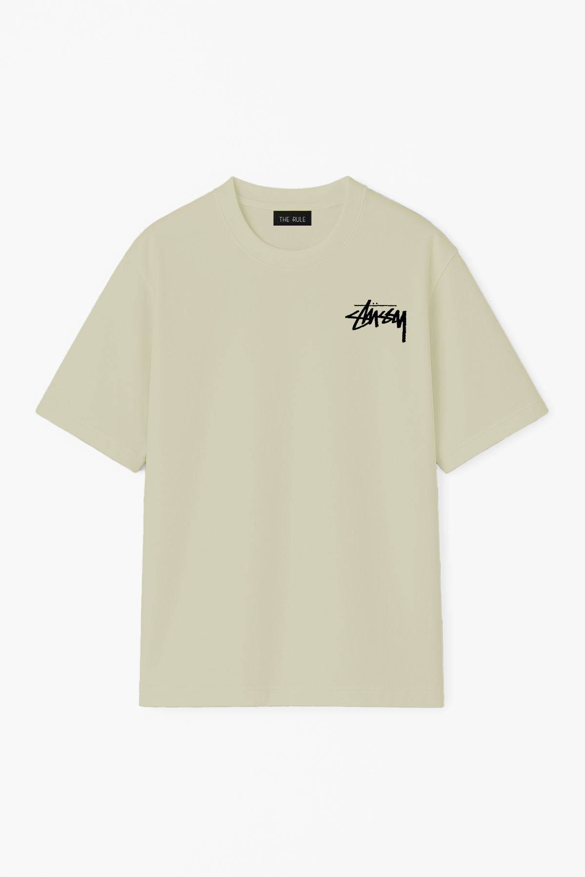 Unisex Stüssy Ön Baskılı Oversize %100 Pamuk Geniş Kesim Dokulu Bisiklet Yaka Haki Tişört RF0520