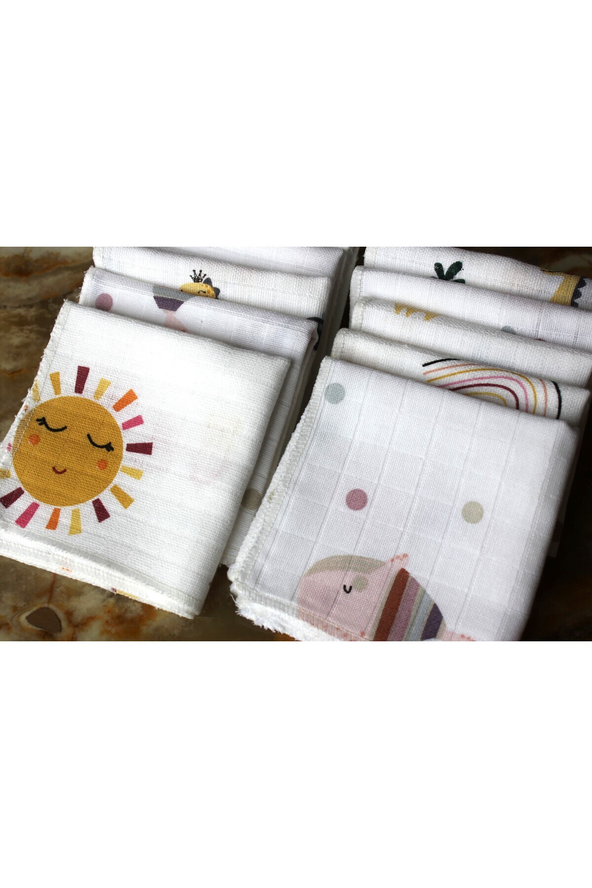 Baby Veil Bebek&Çocuk Ağız Yüz Mendili 10'lu Desenli Set Çift Katlı Müslin Kumaş %100 Pamuk 20x20 CM