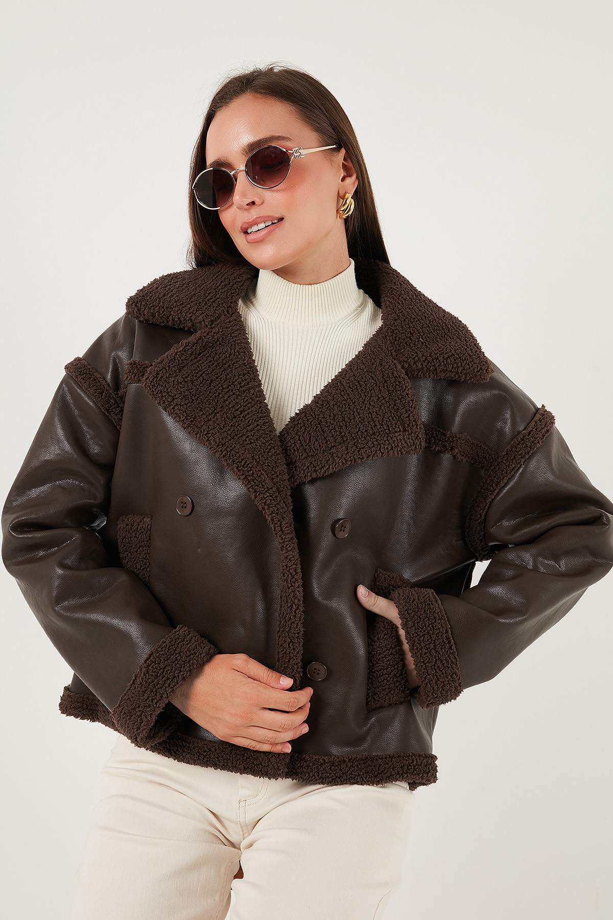 Oversize Double Breasted Collar Plush Detailed Faux Leather Biker Jacket Coat 6810247