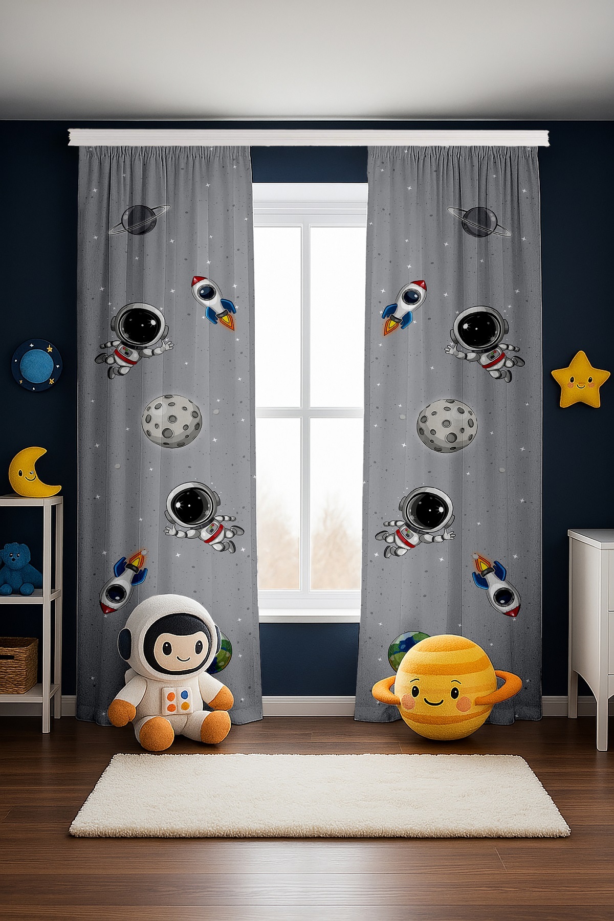 Evpanya Gri Uzay Ve Minik Astonot Desenli Çocuk Bebek Odası Fon Perde (Tek Kanat Fiyatlandırma) fotoğrafı 3 (önizleme)