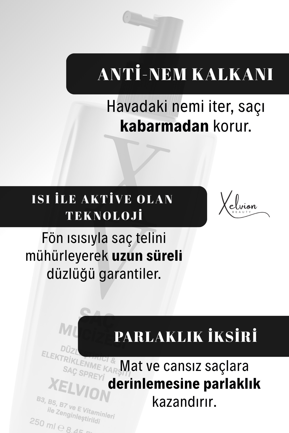 Xelvion XV Elektriklenme Karşıtı, Düzleştirici Etkili Saç Spreyi 250 ml — XELXV004 — تصویر 3 از 8