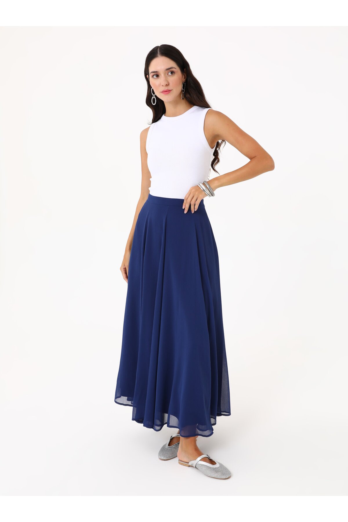 Refka  Yüksek Bel Yandan Fermuarlı Şifon Etek - Lacivert - - Görsel 2