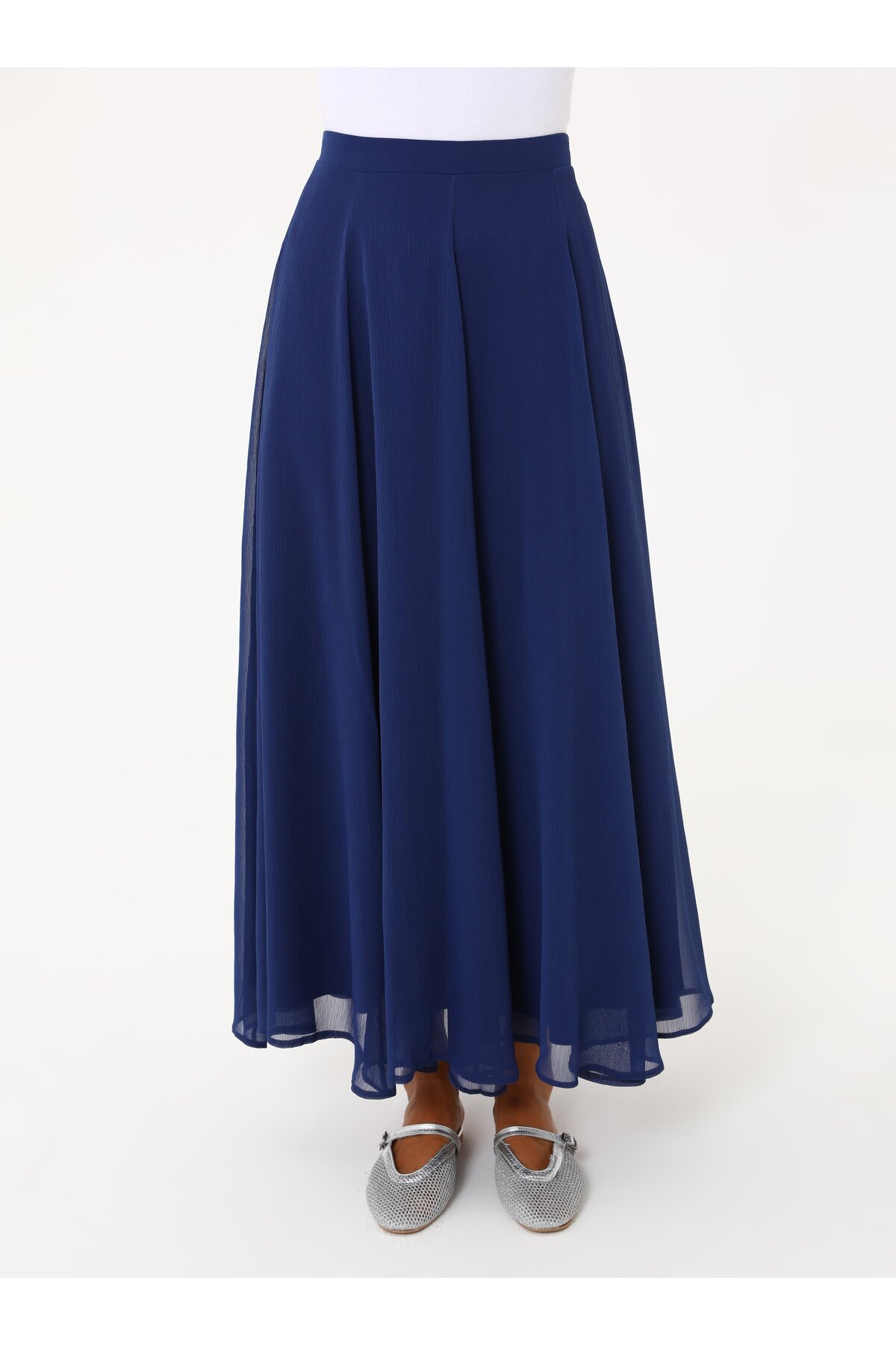 Refka  Yüksek Bel Yandan Fermuarlı Şifon Etek - Lacivert - - Görsel 3
